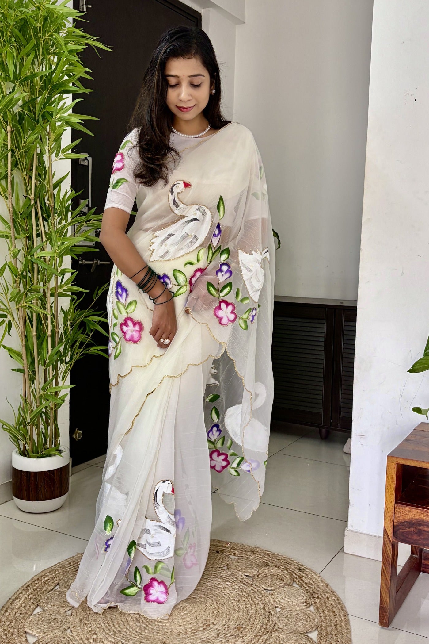 Buy MySilkLove Pearl White Organza Printed Floral Saree Online