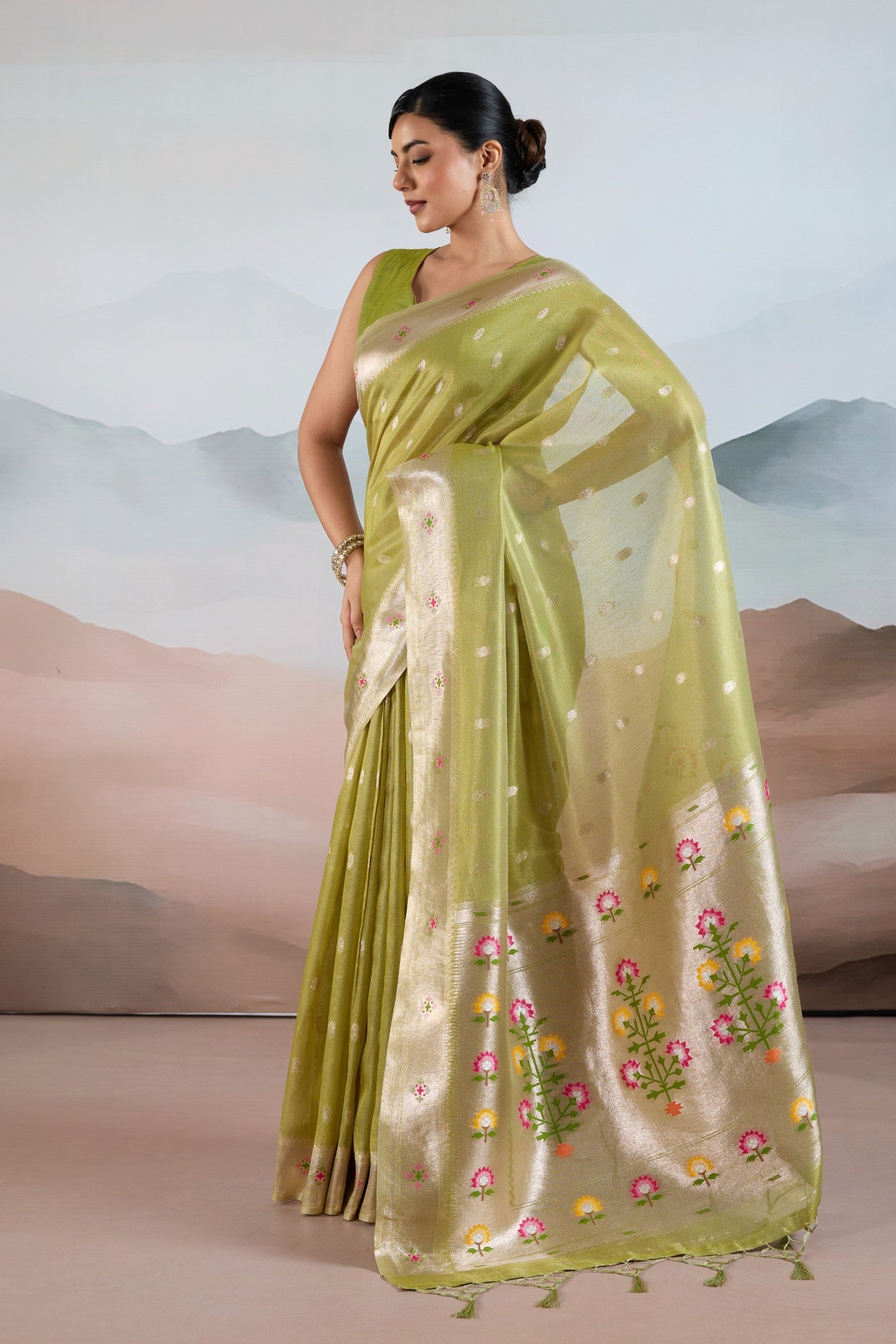 Buy MySilkLove Frosted Green Zari Woven Tissue Paithani Saree Online