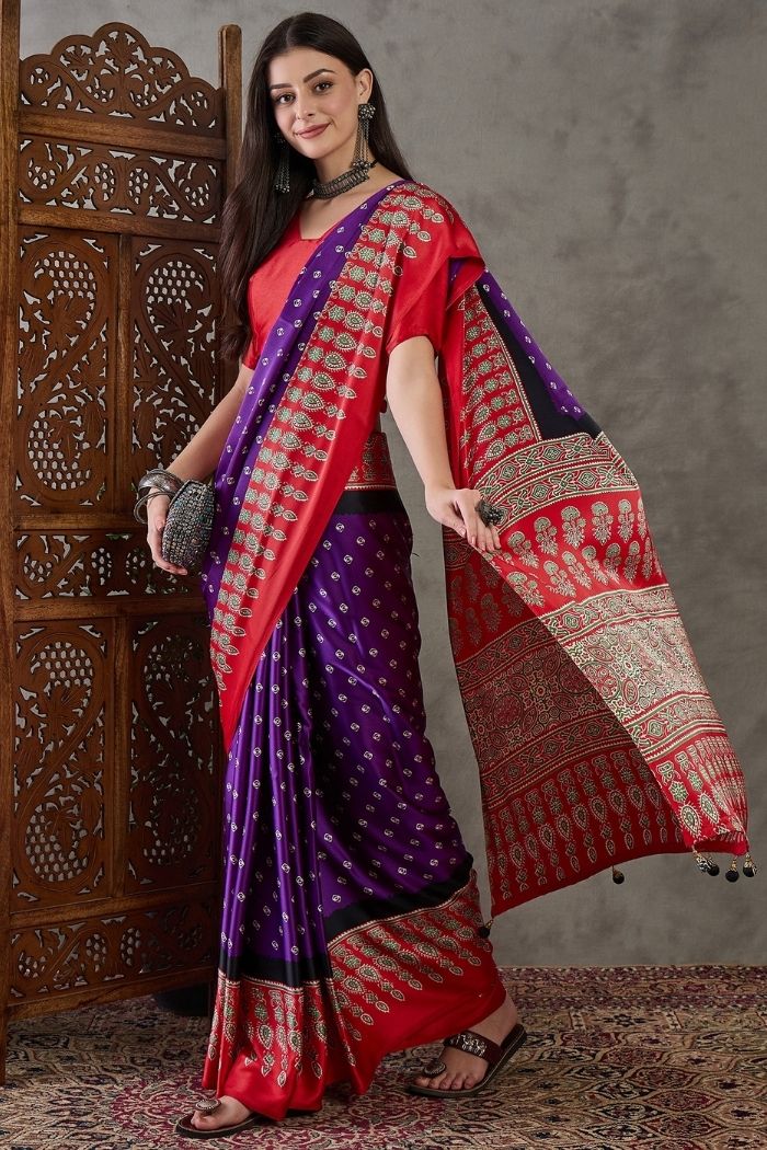 Buy MySilkLove Grape Purple and Red Ajrakh Printed Satin Gaji Silk Saree Online