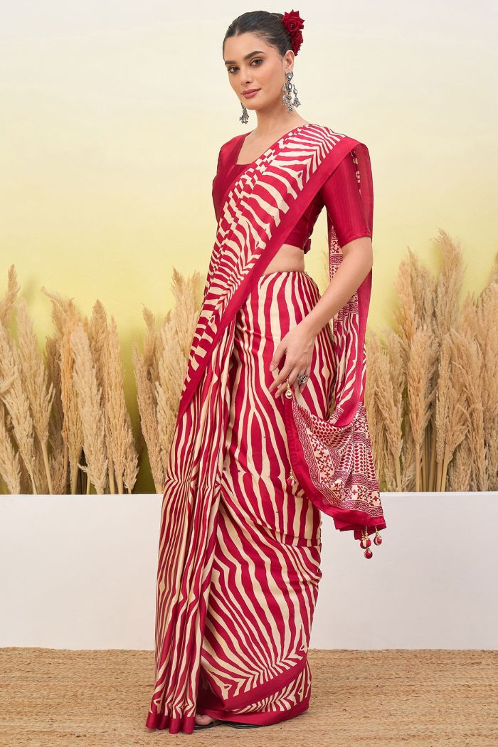 Buy MySilkLove Wine Red Modal Ajrakh Satin Printed Silk Saree Online