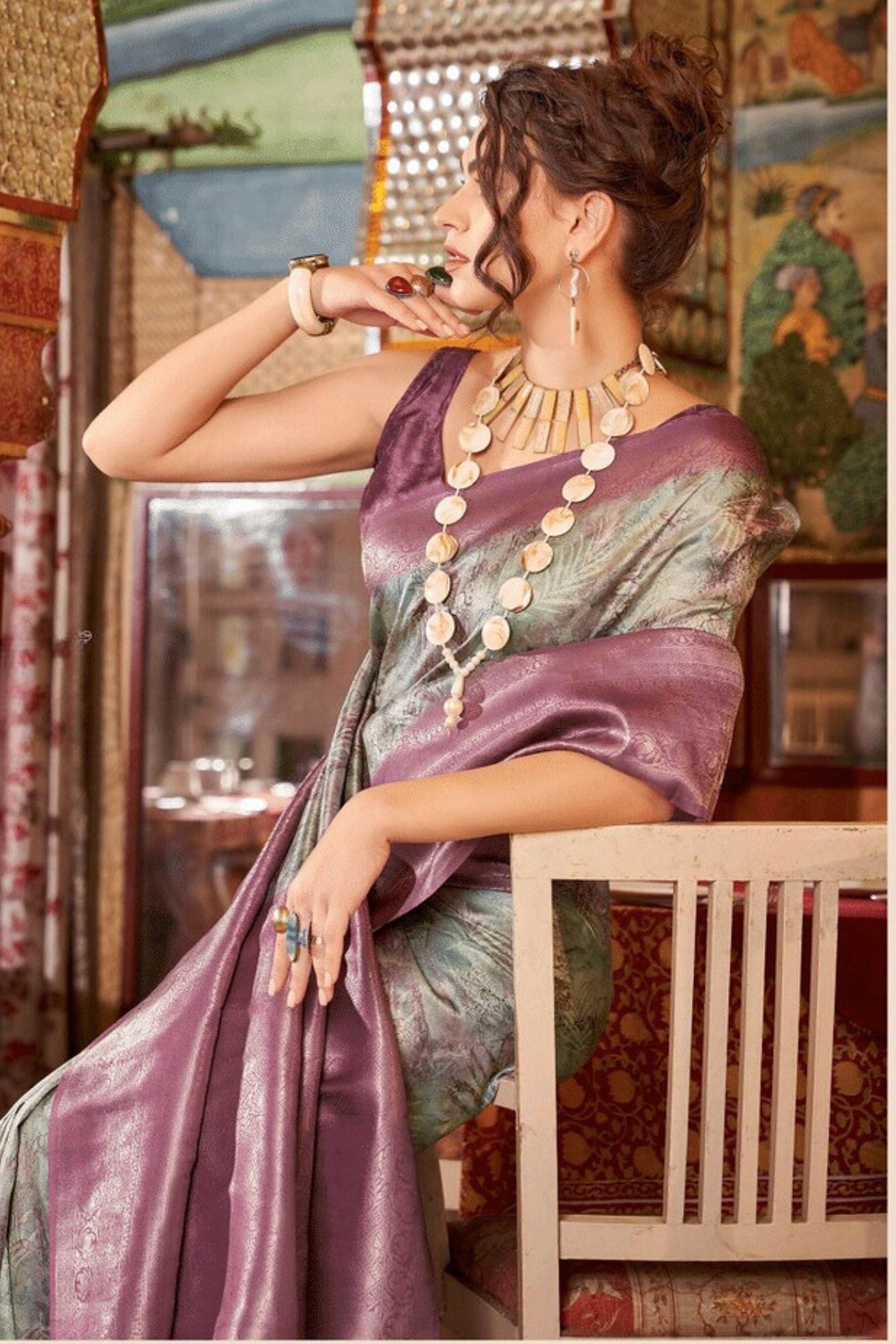 Buy MySilkLove Cement Grey Banarasi Digital Printed Saree Online