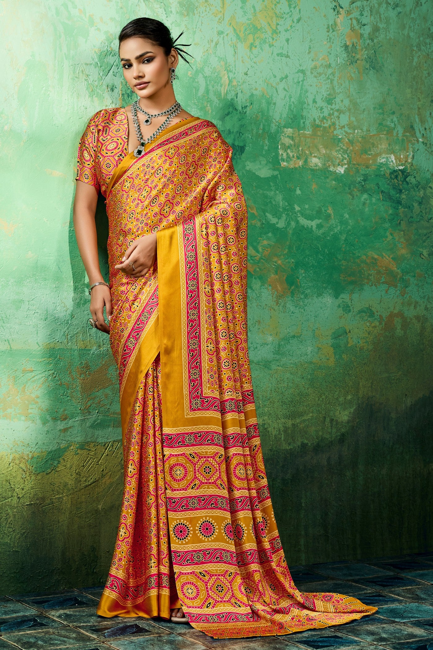 Buy MySilkLove Citrus Spark Yellow Modal Ajrakh Satin Printed Silk Saree Online