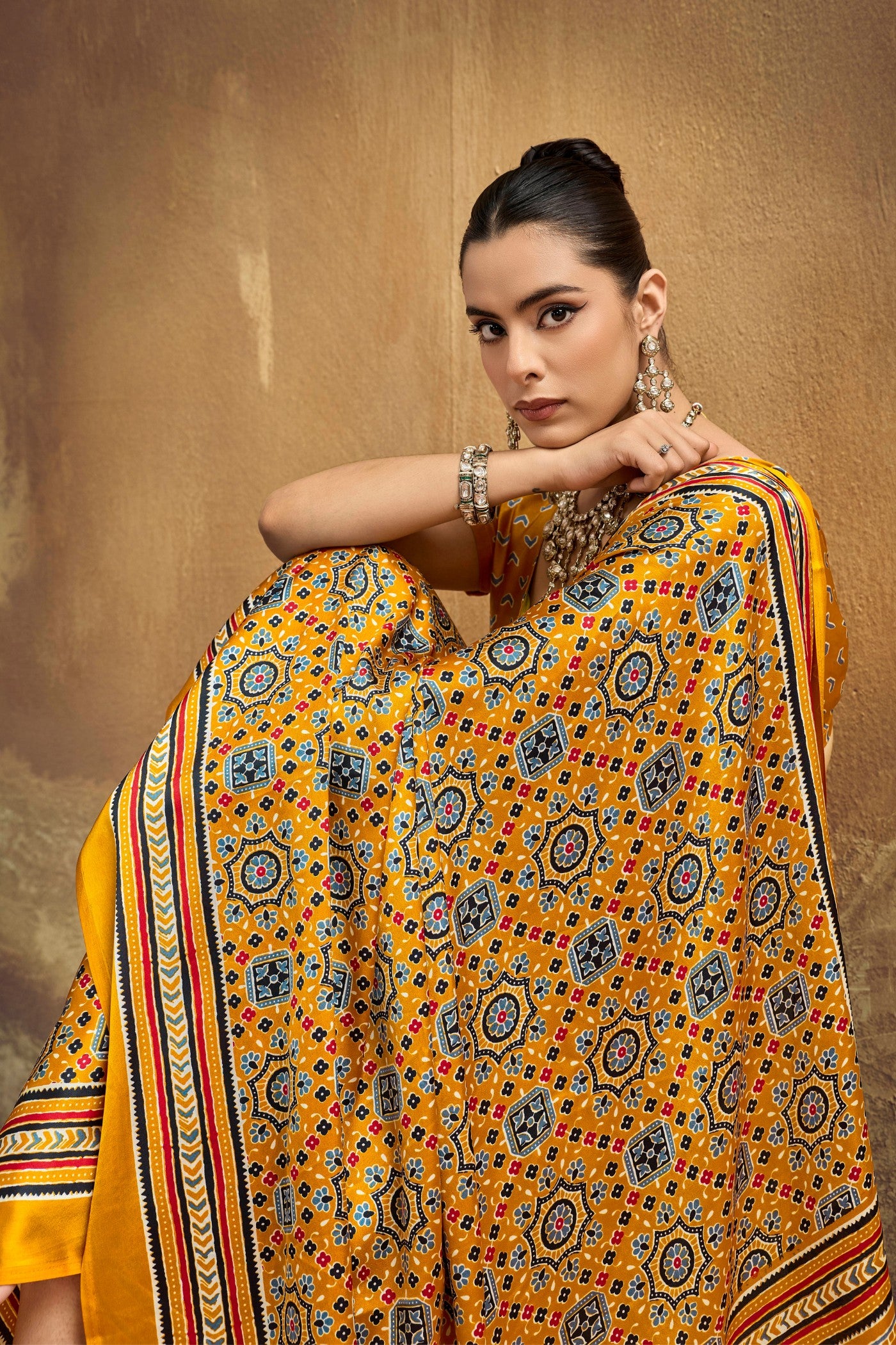 Buy MySilkLove Jonquil Yellow Modal Ajrakh Satin Printed Silk Saree Online