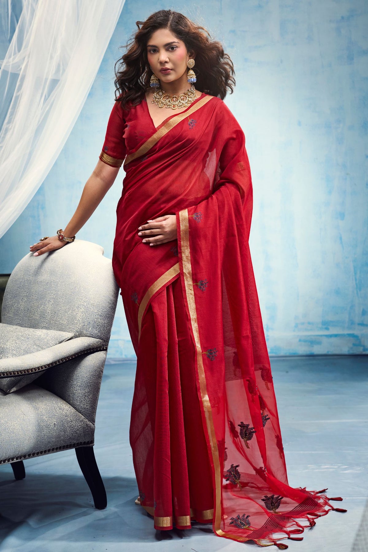 Buy MySilkLove Ruby Red Munga Handloom Cotton Saree Online