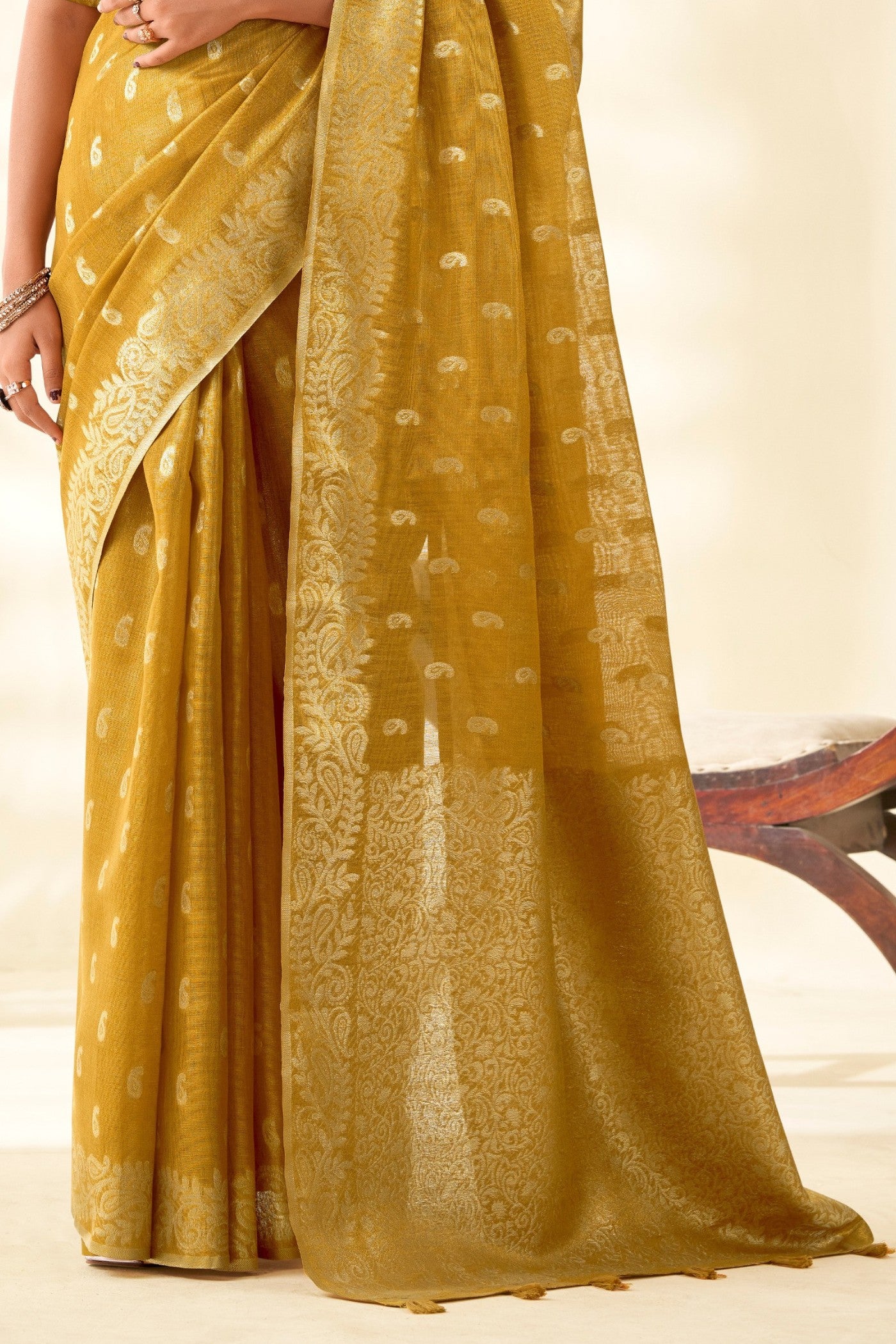 Buy MySilkLove Mustard Yellow Woven Tissue Linen Saree Online