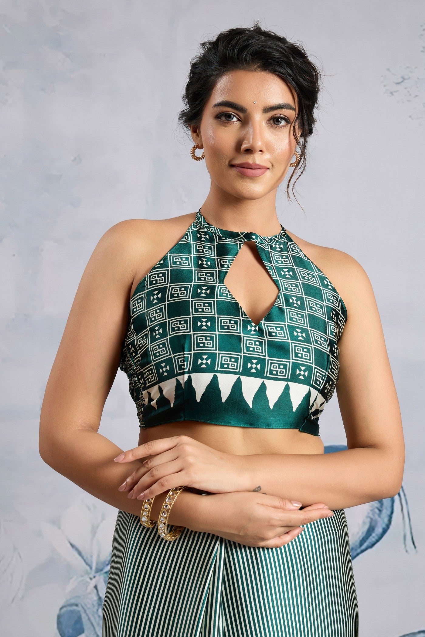 Buy MySilkLove Beryl Green Stripe Ajrakh Printed Satin Crepe Silk Saree Online