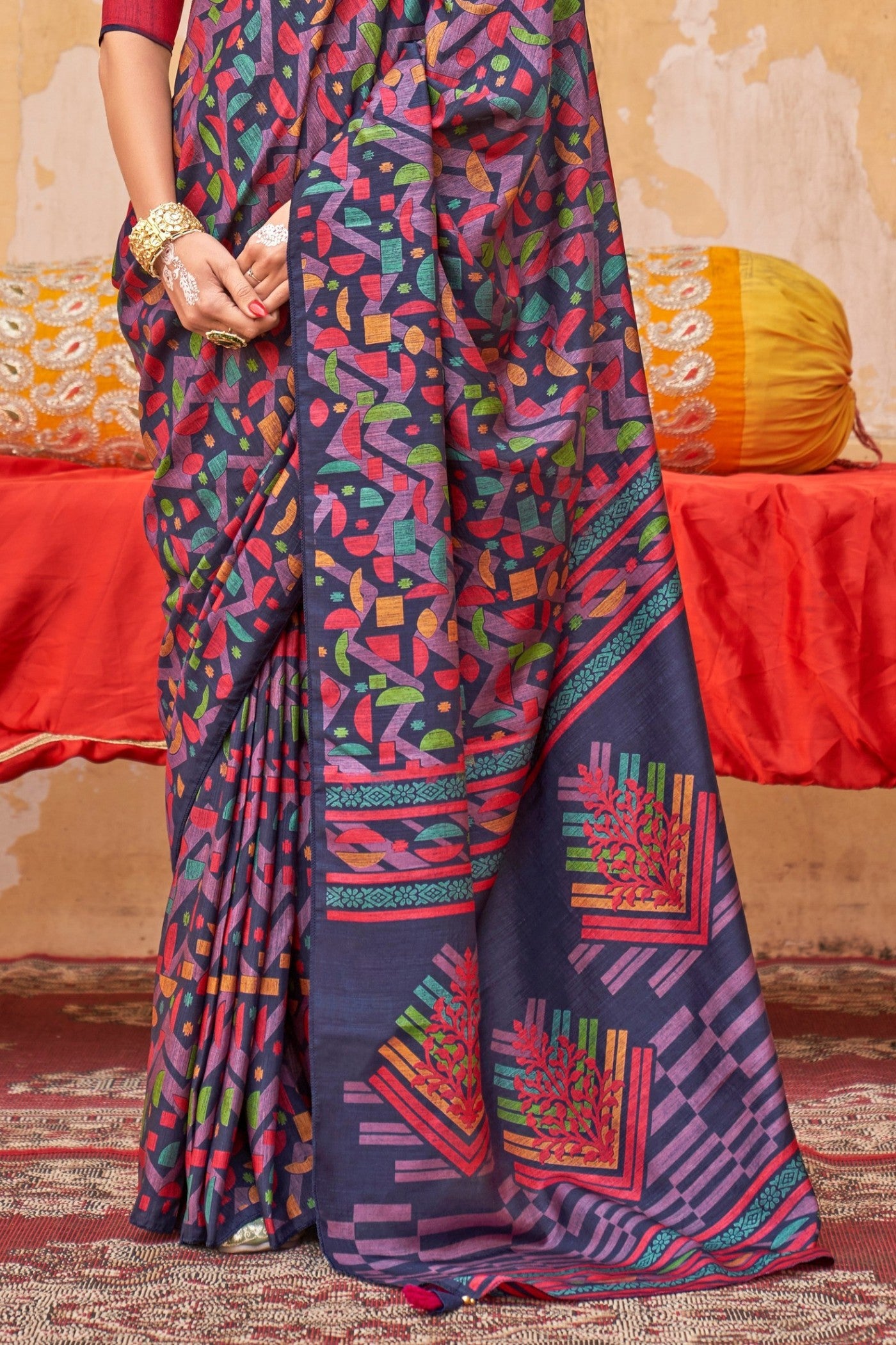 Buy MySilkLove Navy Blue & Purple Banarasi Printed Saree Online
