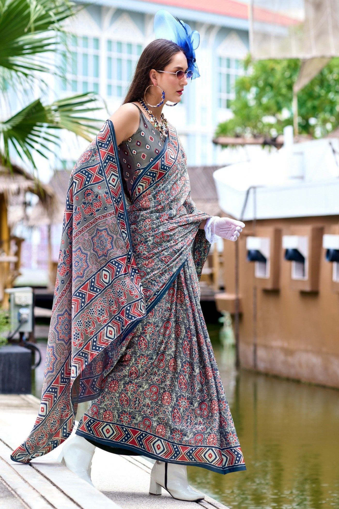 Buy MySilkLove Lava Grey Ajrakh Printed Satin Crepe Silk Saree Online