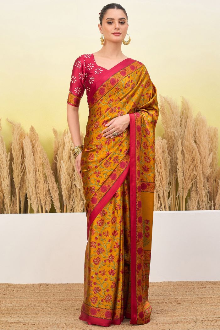 Buy MySilkLove Imperial Yellow Modal Satin Printed Silk Saree Online