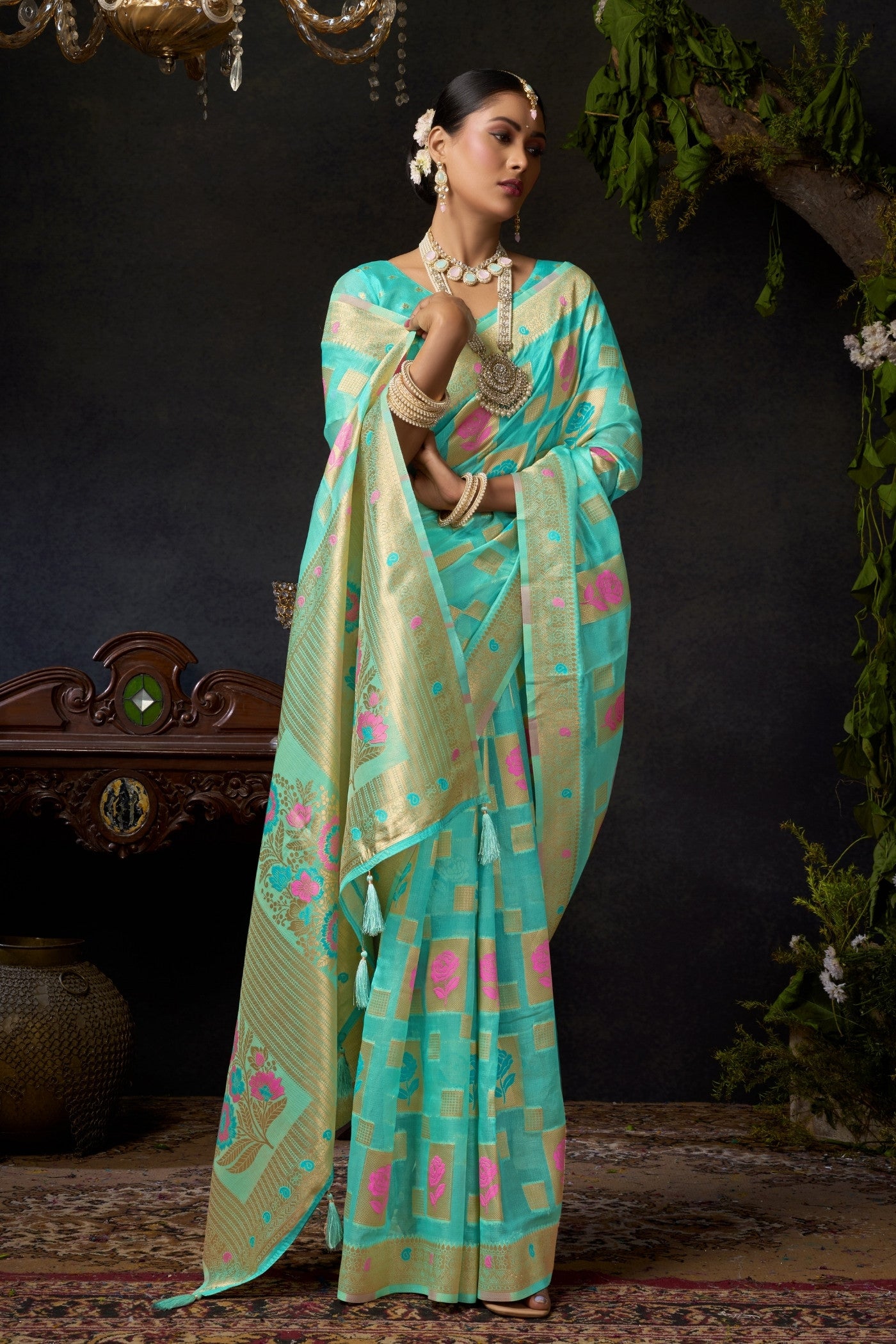 Buy MySilkLove Spring Blue Woven Banarasi Organza Saree Online