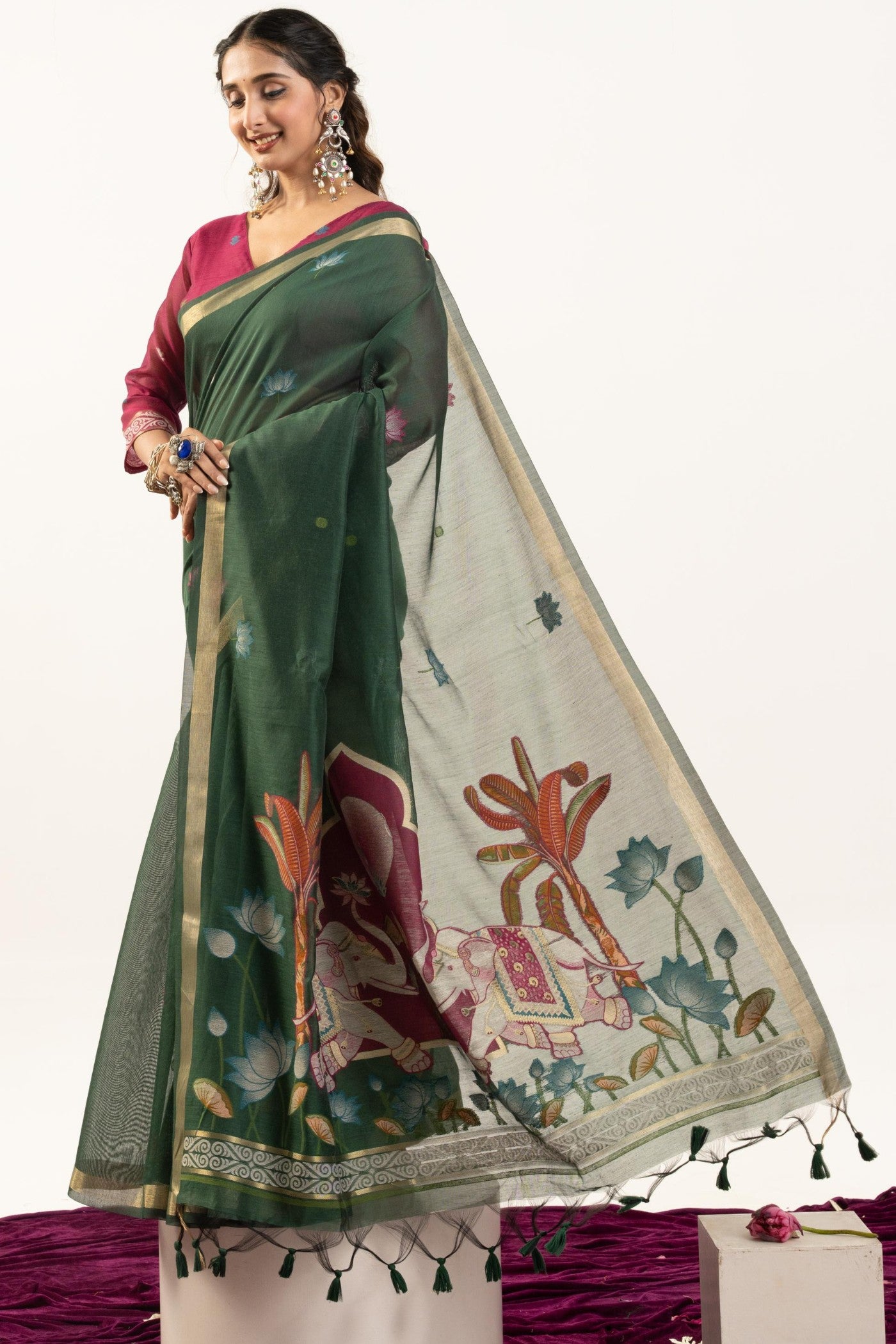 Buy MySilkLove Bottle Green Woven Soft Muga Cotton Saree Online