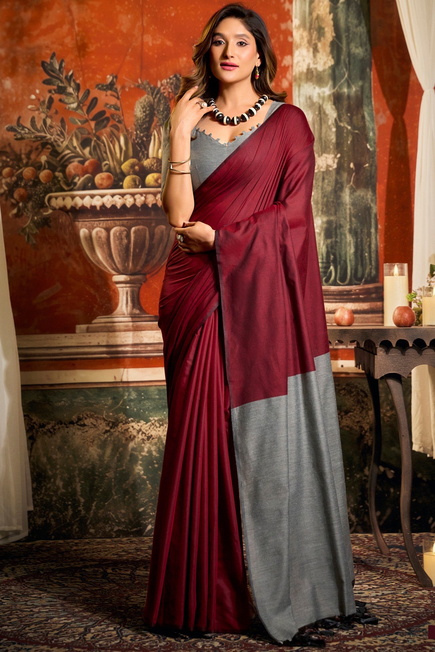 Buy MySilkLove French Maroon Handloom Mul Mul Cotton Saree Online