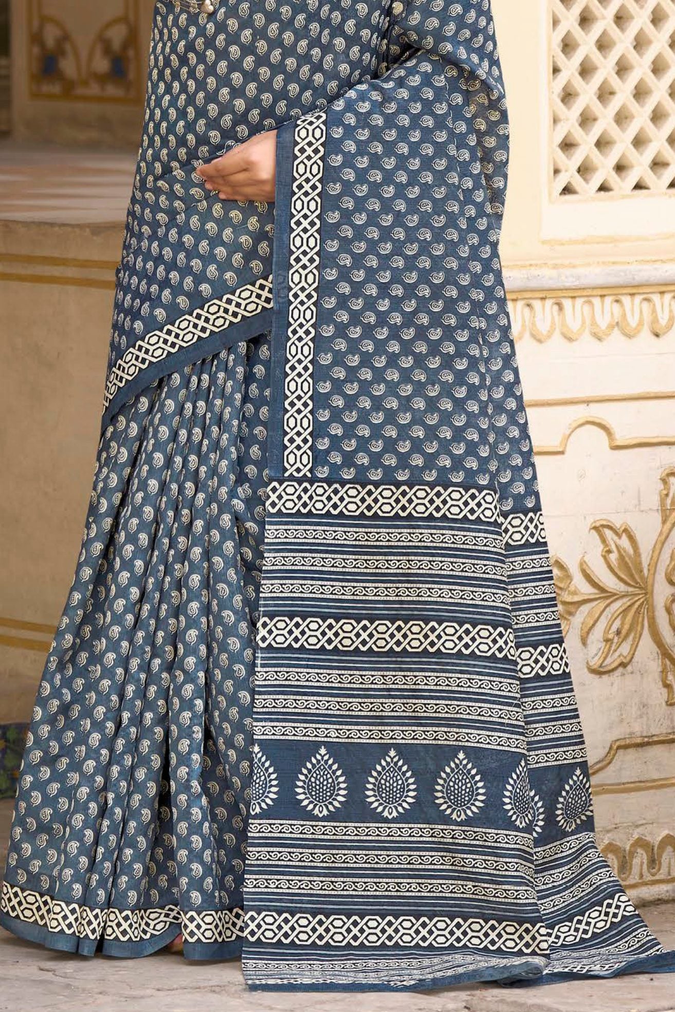 Buy MySilkLove Deep Space Blue Handblock Printed Saree Online