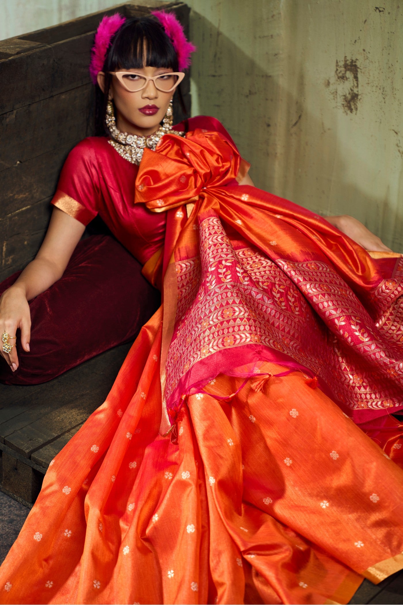 Buy MySilkLove Tangerine Orange Tussar Handloom Silk Saree Online