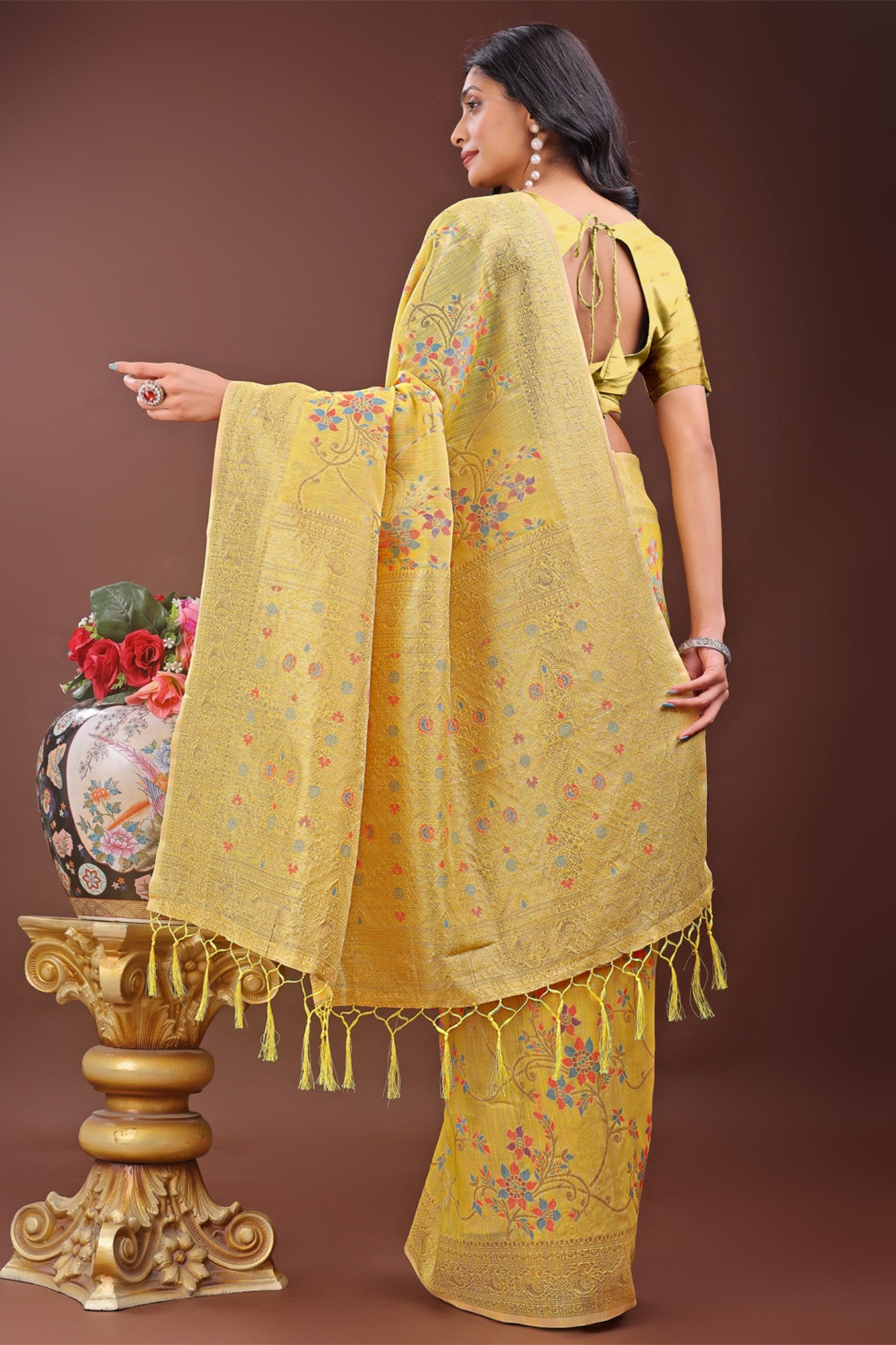 Buy MySilkLove Fuel Yellow Linen Cotton Saree Online