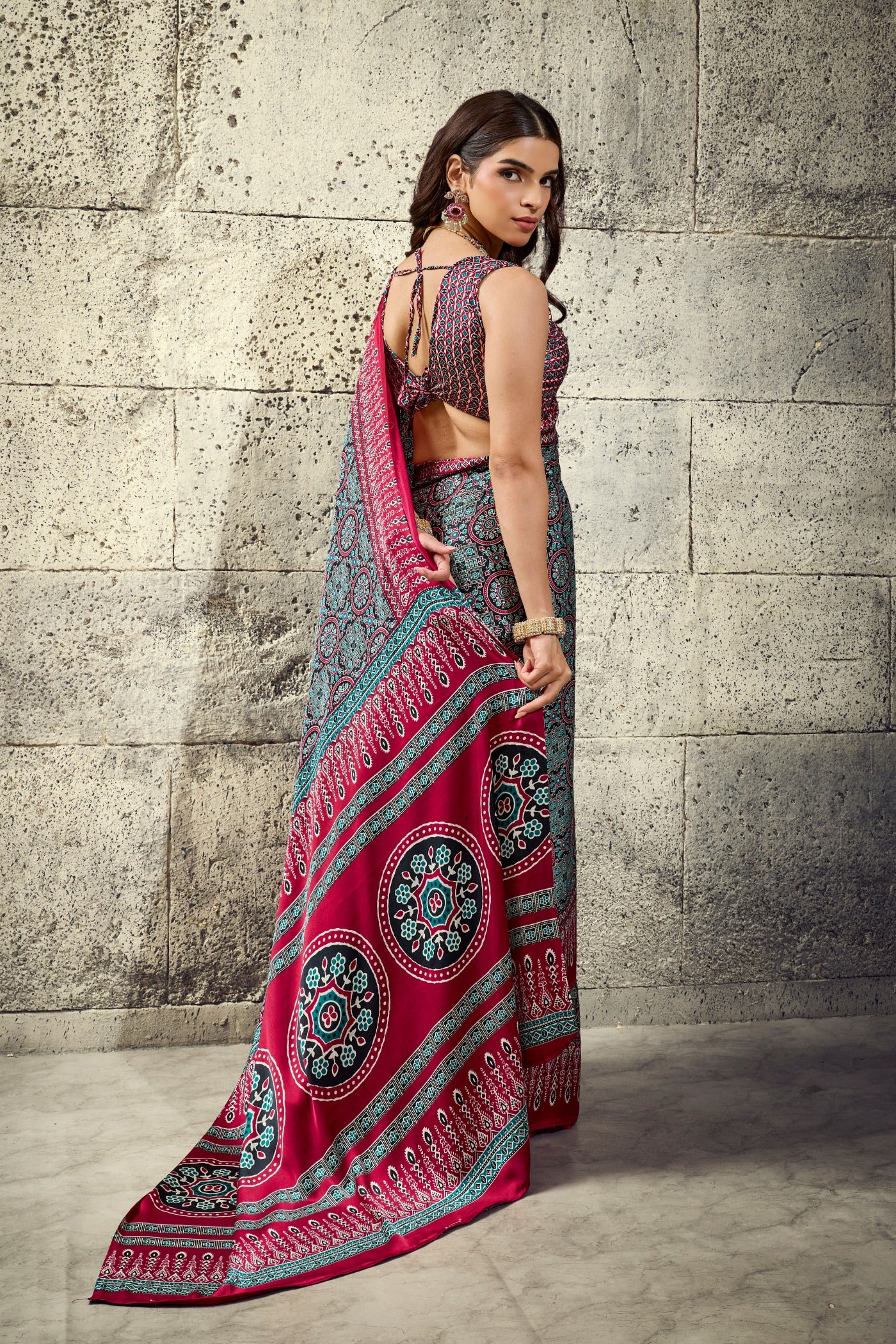 Buy MySilkLove Navy Blue and Maroon Modal Ajrakh Satin Printed Silk Saree Online