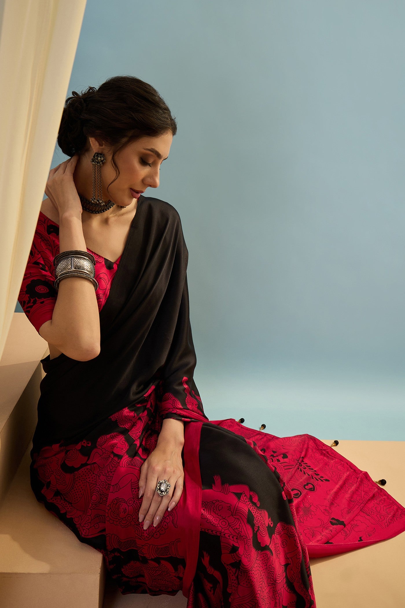 Buy MySilkLove Charleston Black Ajrakh Printed Satin Crepe Silk Saree Online