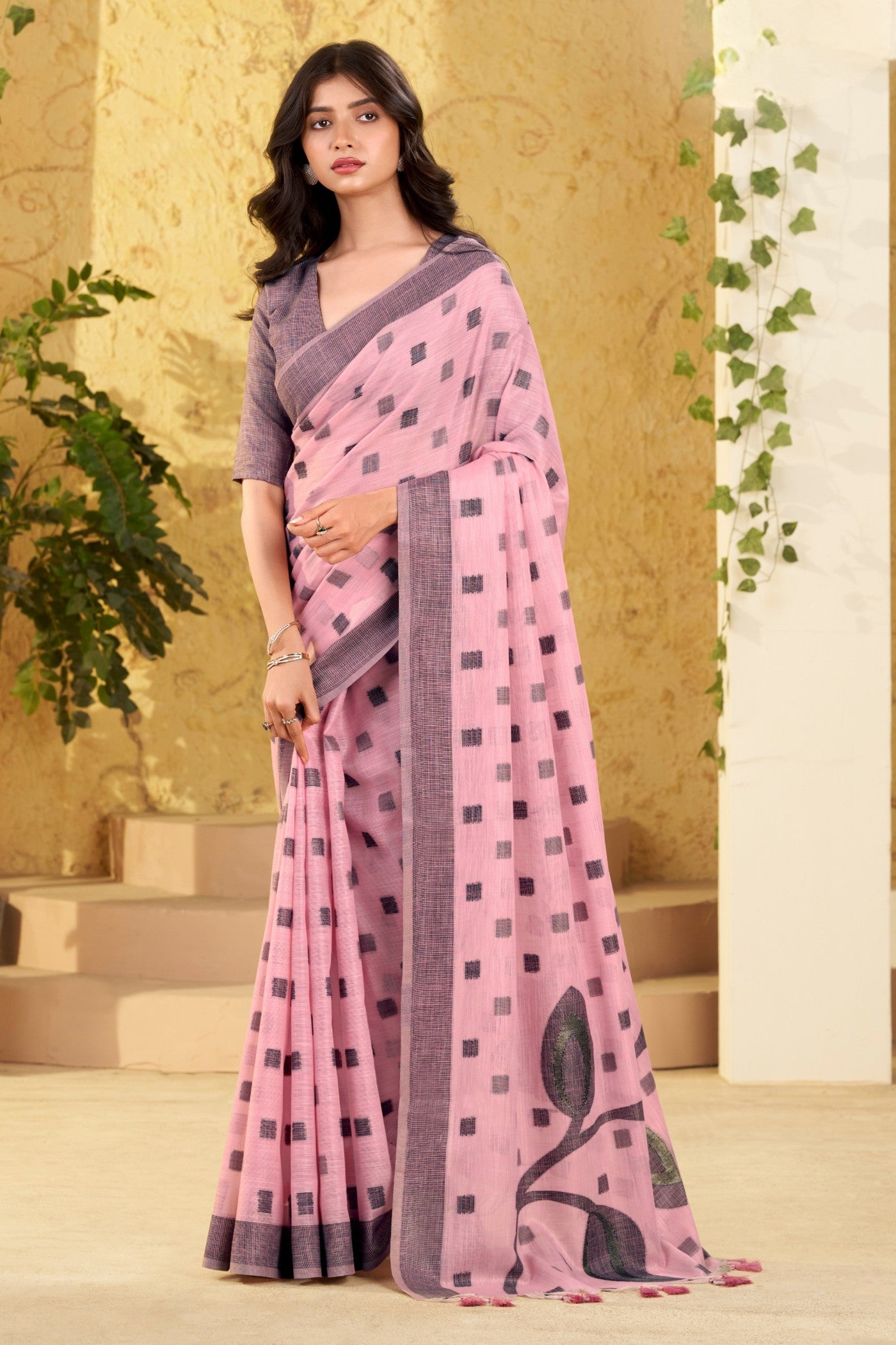 Buy MySilkLove Bush Pink Woven Linen Saree Online