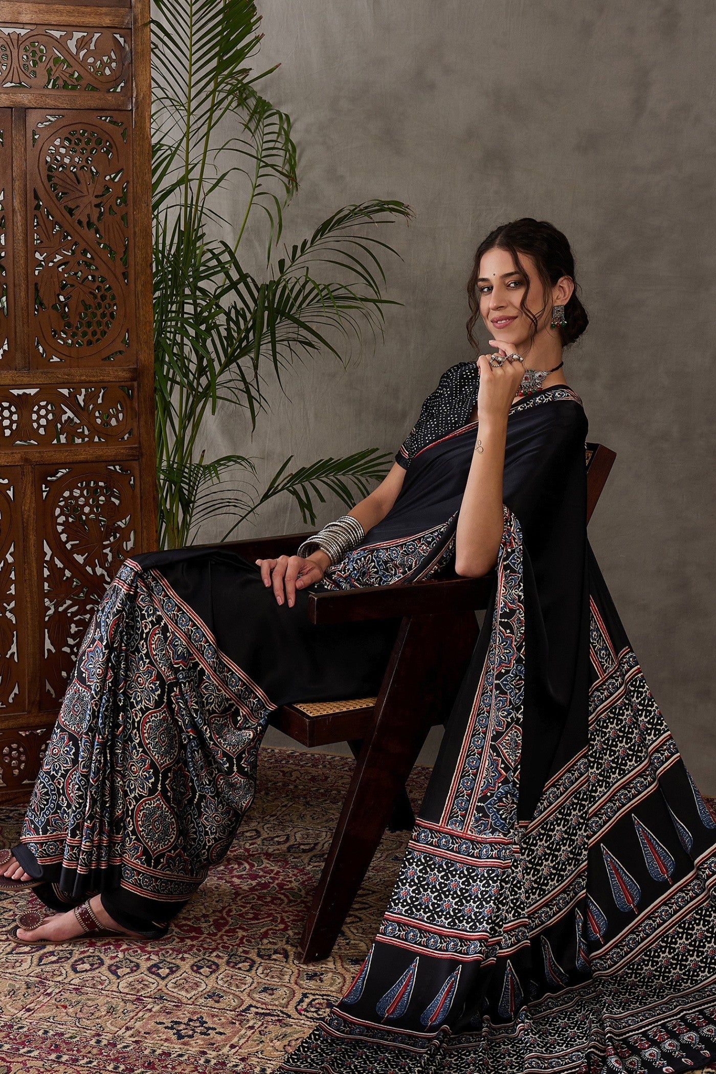 Buy MySilkLove Metal Black Printed Satin Gaji Silk Saree Online