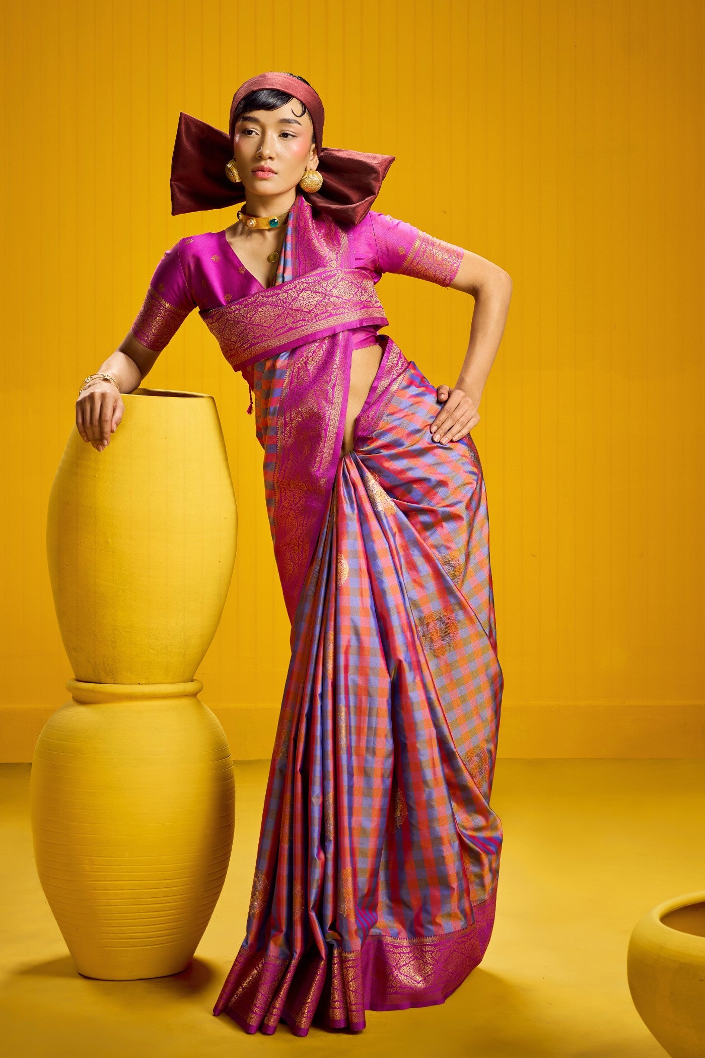 MySilkLove Rebecca Purple Banarasi Two Tone Checks Handloom Saree