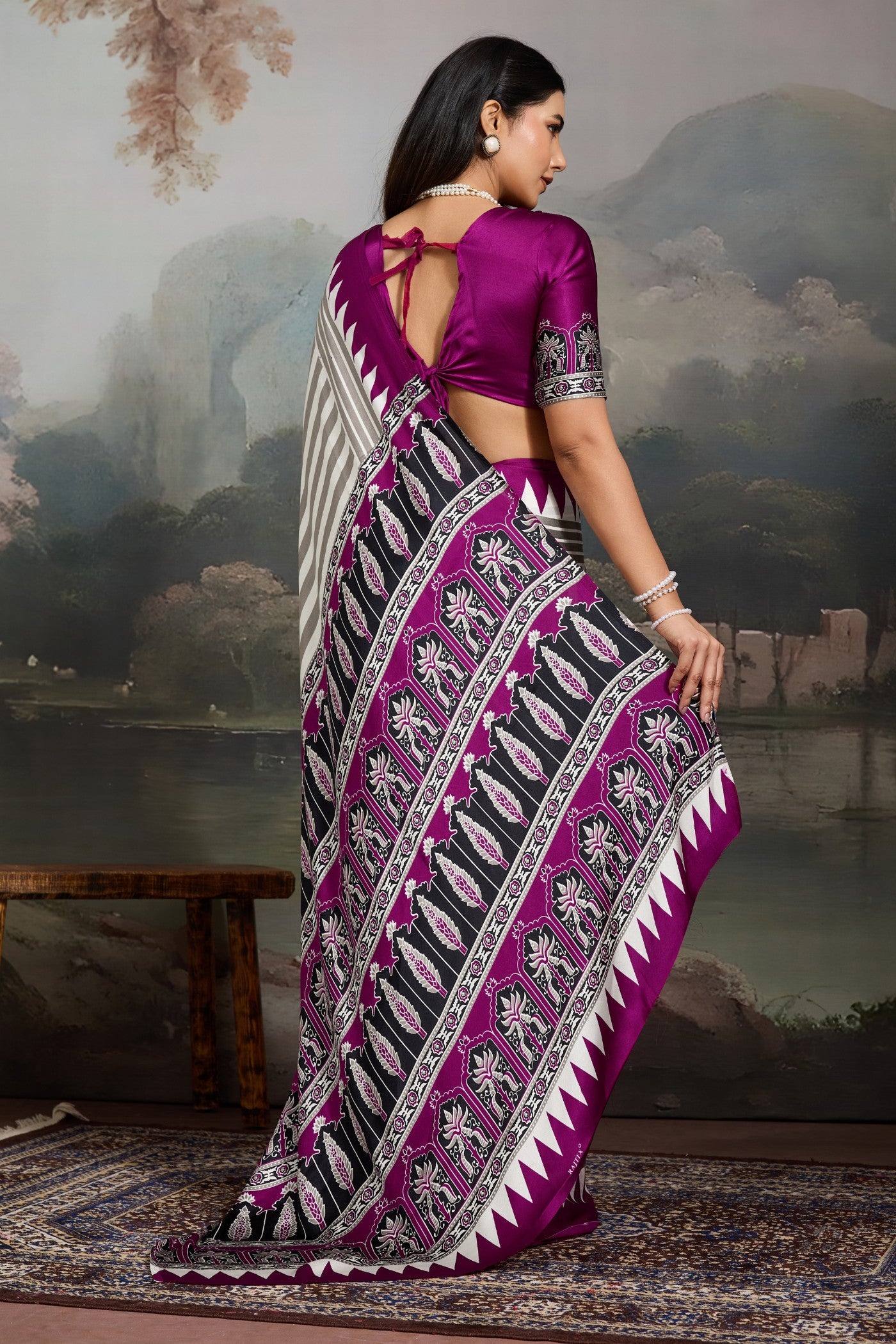 Buy MySilkLove Dutch White and Purple Ajrakh Printed Satin Crepe Silk Saree Online