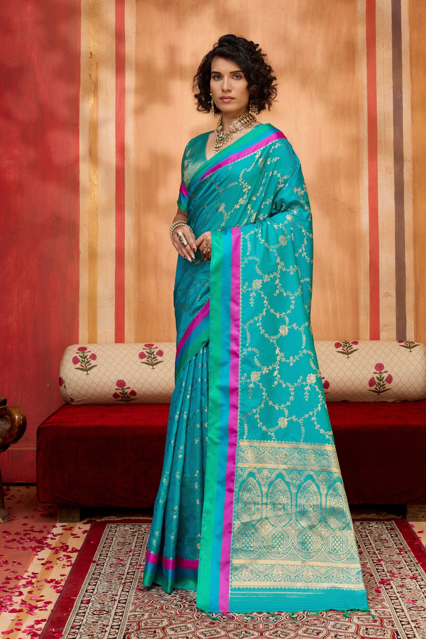 Buy MySilkLove Lagoon Blue Handloom Satin Soft Silk Saree Online