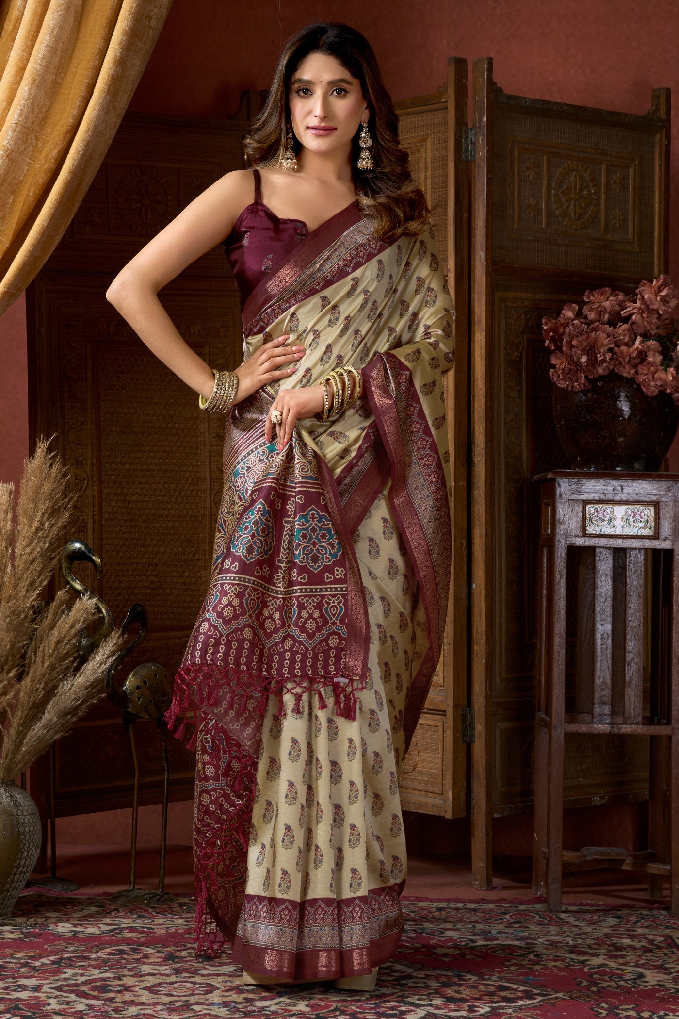 Buy MySilkLove Ancient Cream Ajrakh Printed Saree Online