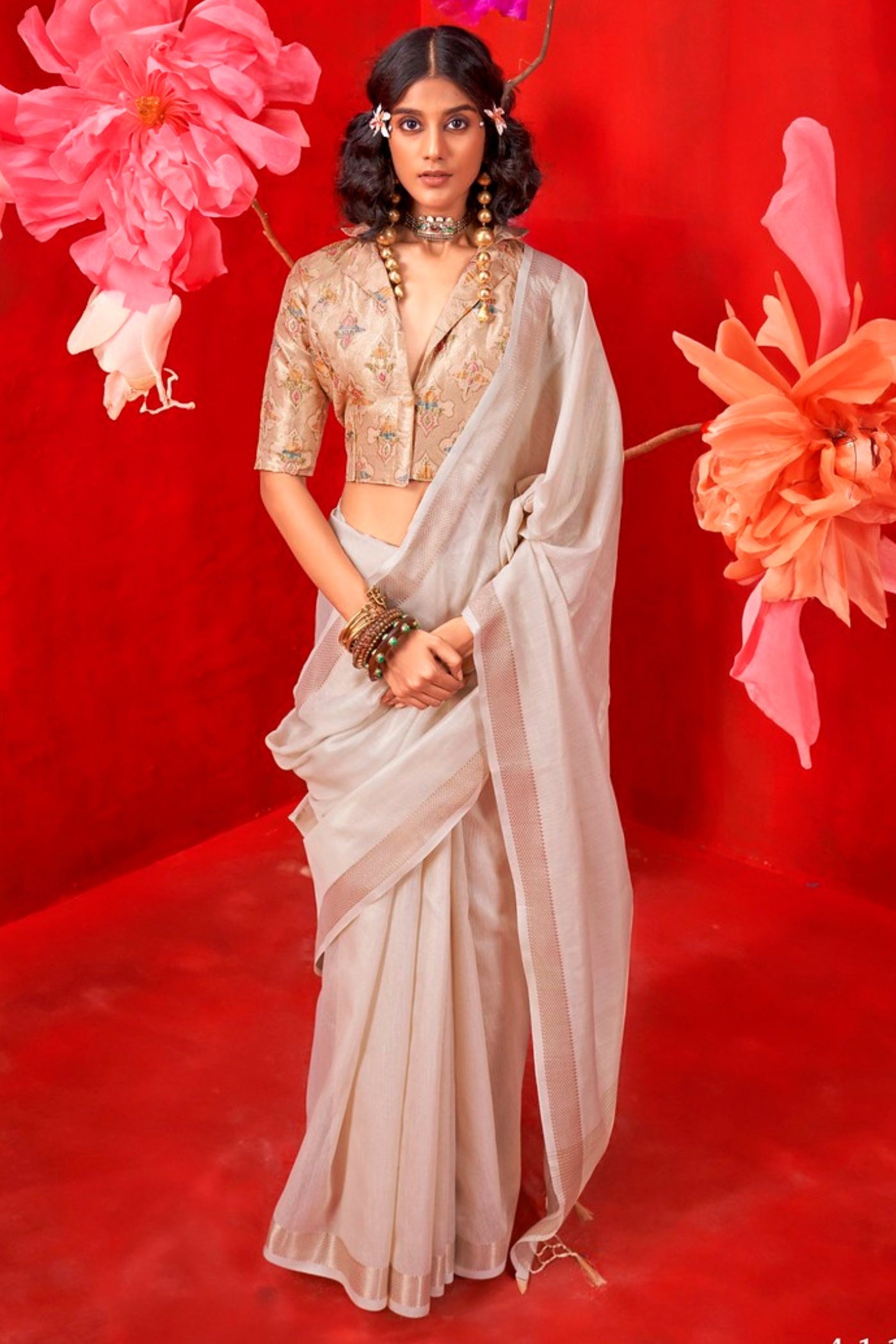 Buy MySilkLove Daisy White Tissue Handloom Saree Online