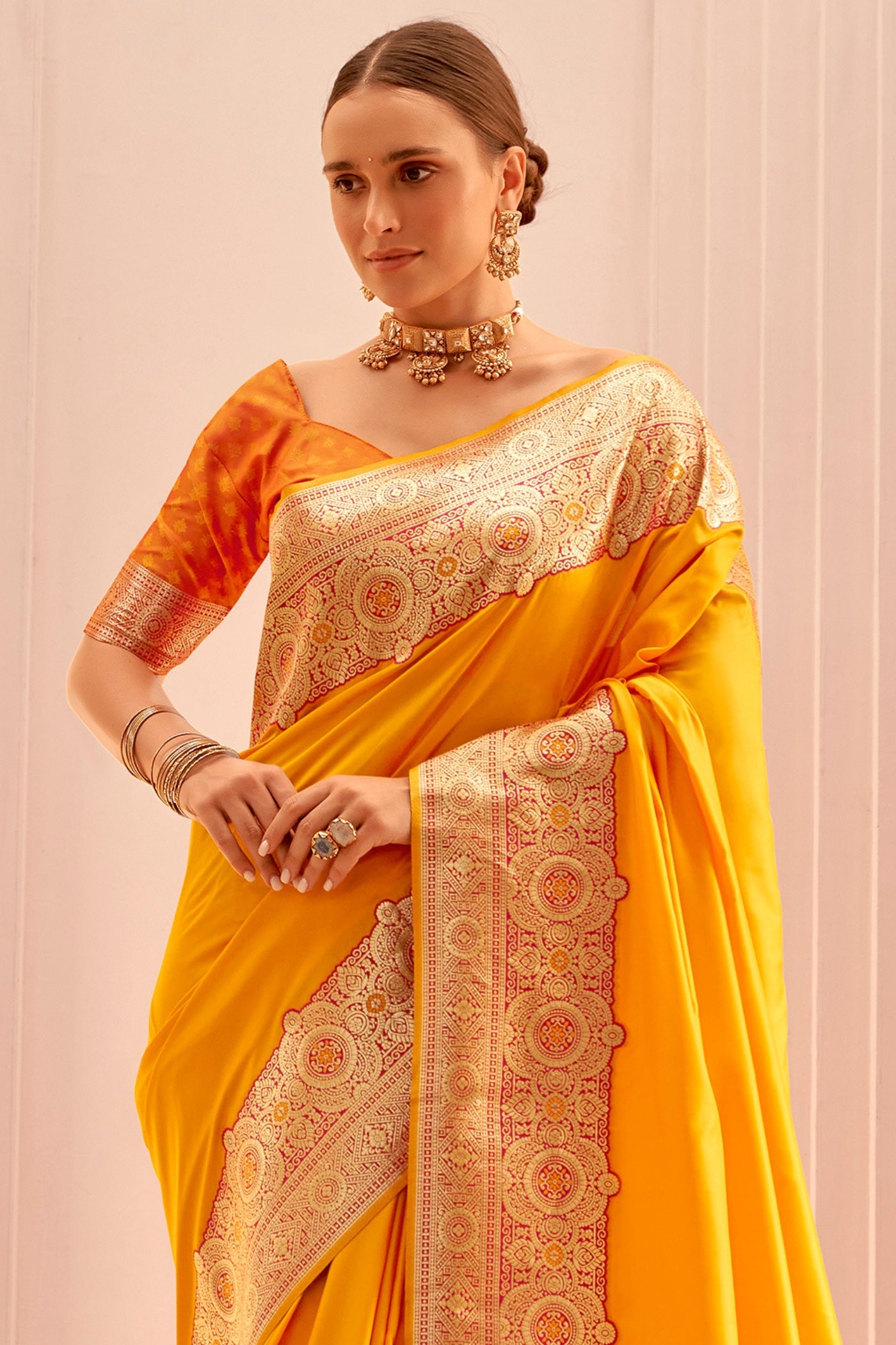 Buy MySilkLove Daisy Yellow Woven Banarasi Soft Silk Saree Online