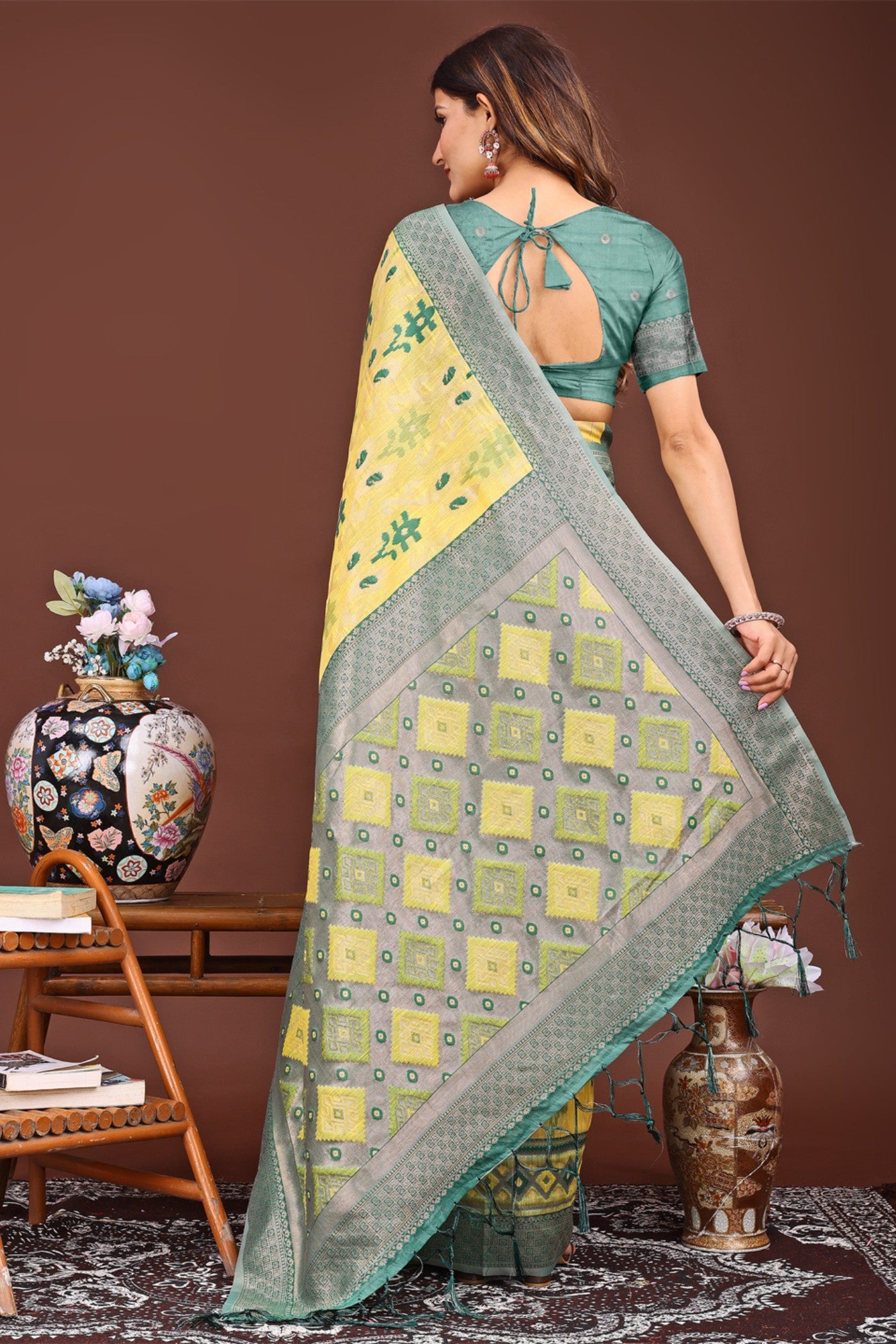 Buy MySilkLove Safety Yellow Woven Linen Cotton Saree Online