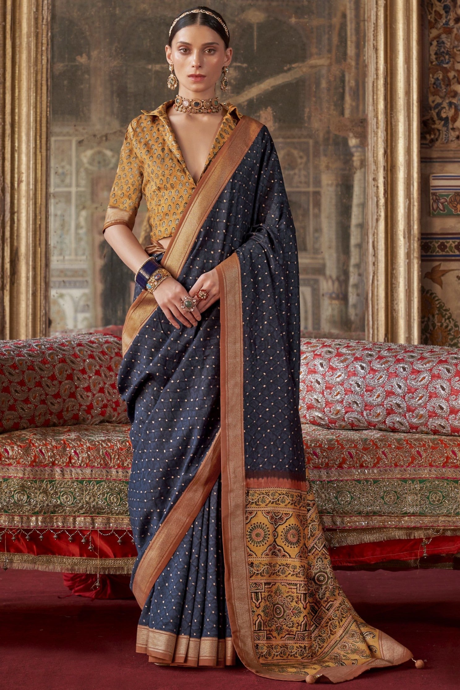 Buy MySilkLove Gun Powder Blue Printed Banarasi Saree Online