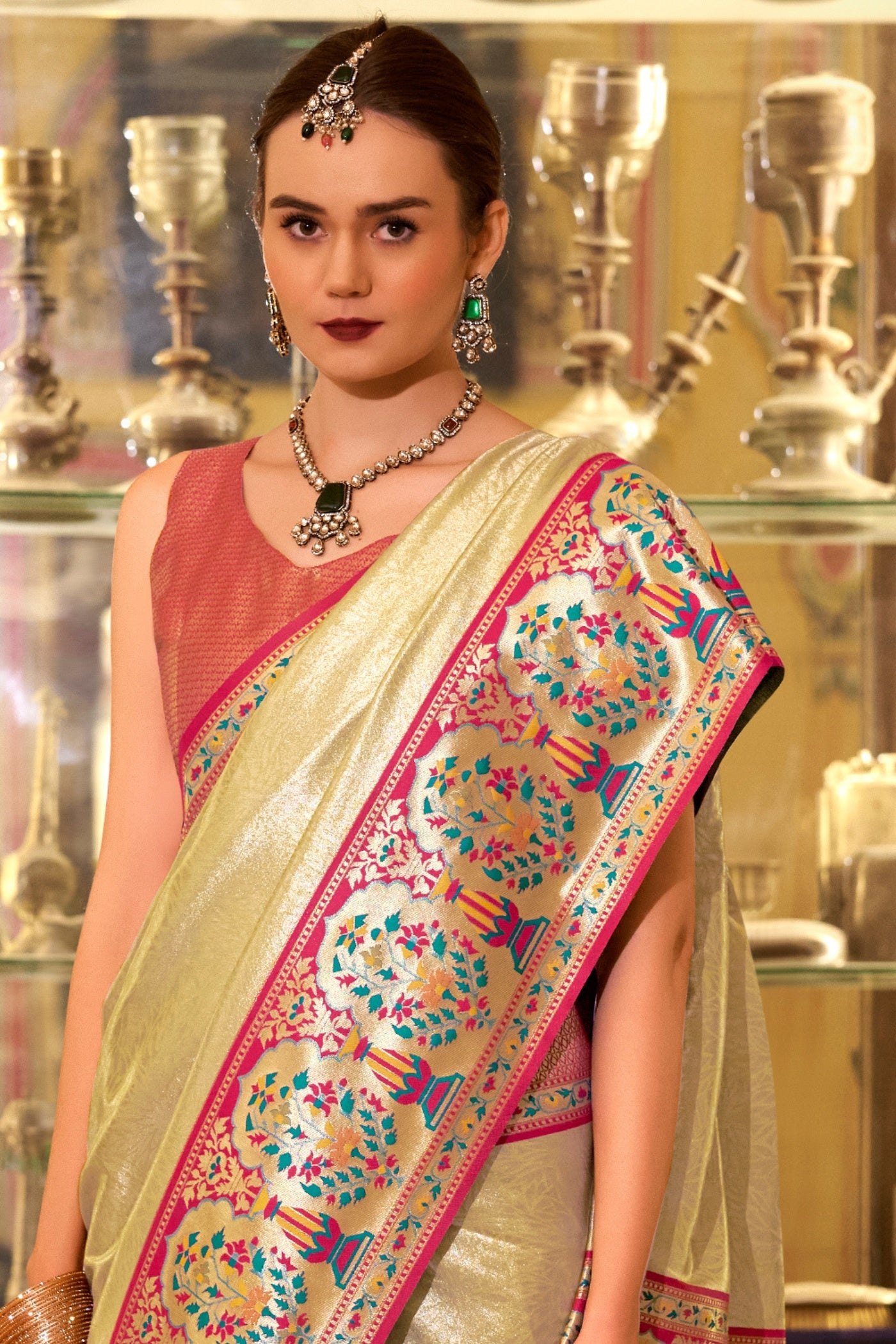 Buy MySilkLove Vanilla Cream Woven Tissue Silk Saree Online