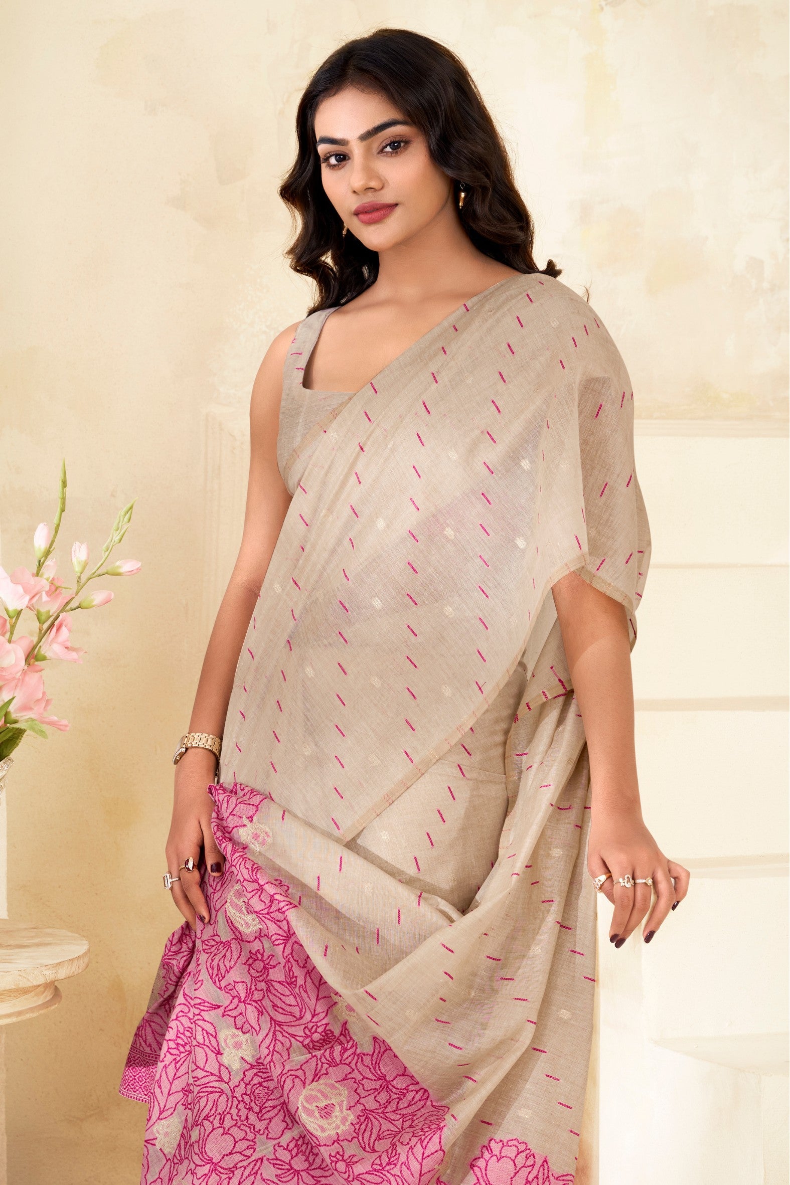 MySilkLove Almond Cream and Pink Woven Modal Cotton Saree
