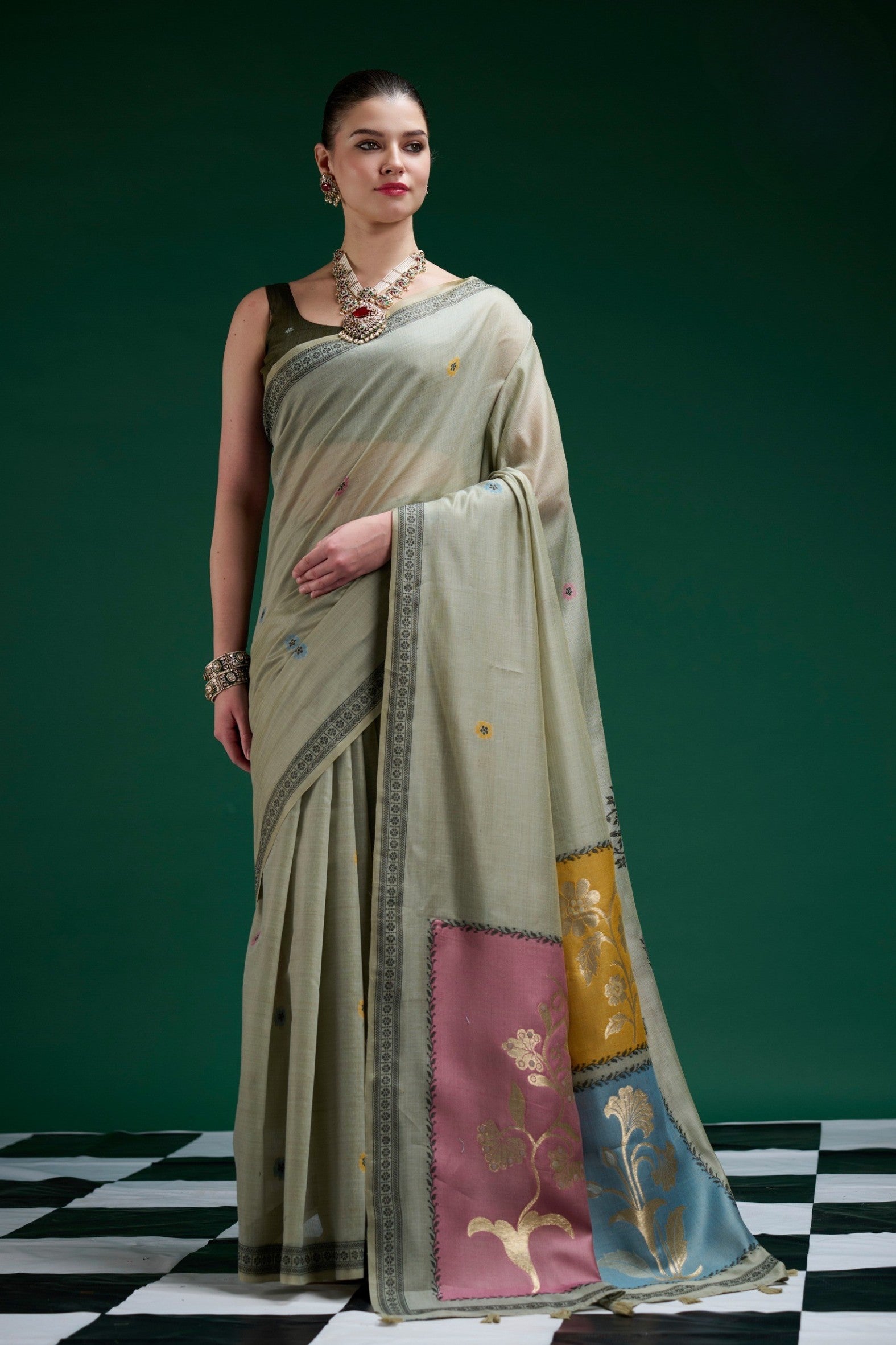 Buy MySilkLove Lime Green Jamdani Woven Muga Cotton Saree Online