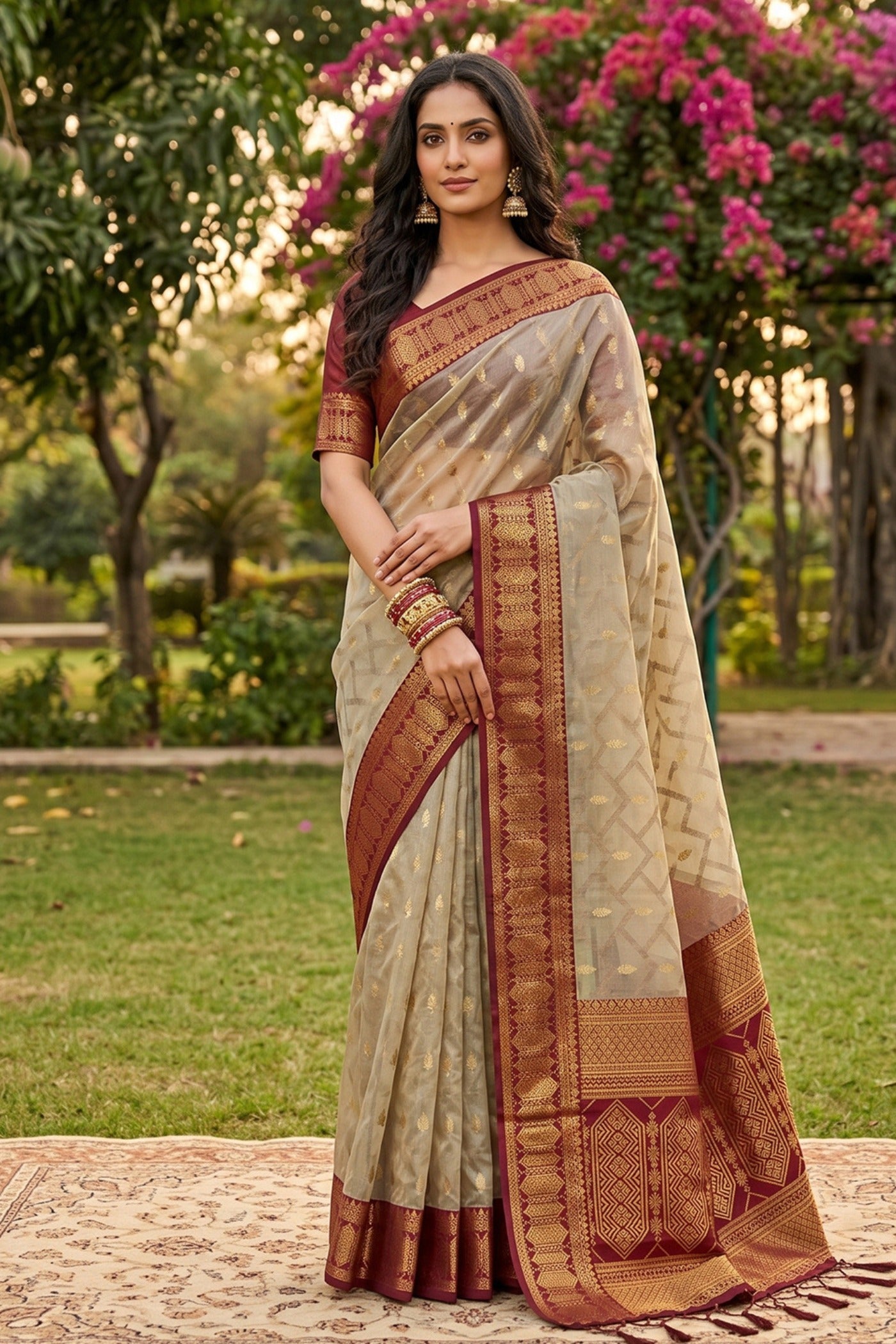 Buy MySilkLove Jasmine Cream and Red Woven Banarasi Cotton Saree Online
