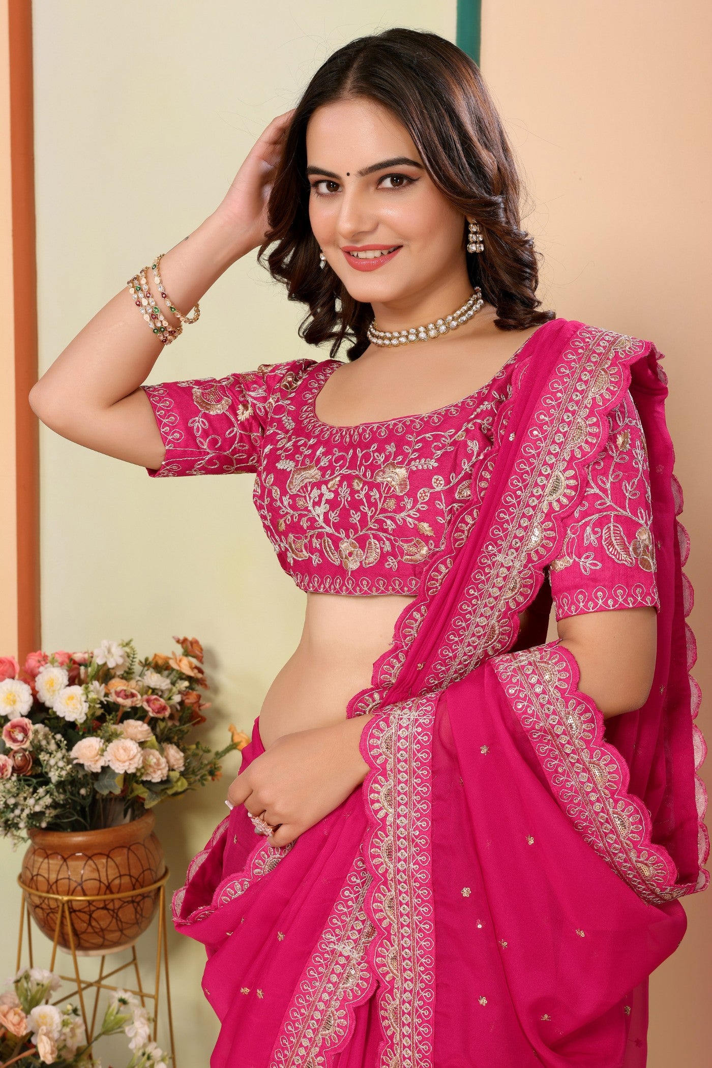 Buy MySilkLove Cerise Pink Organza Designer Partywear Saree Online