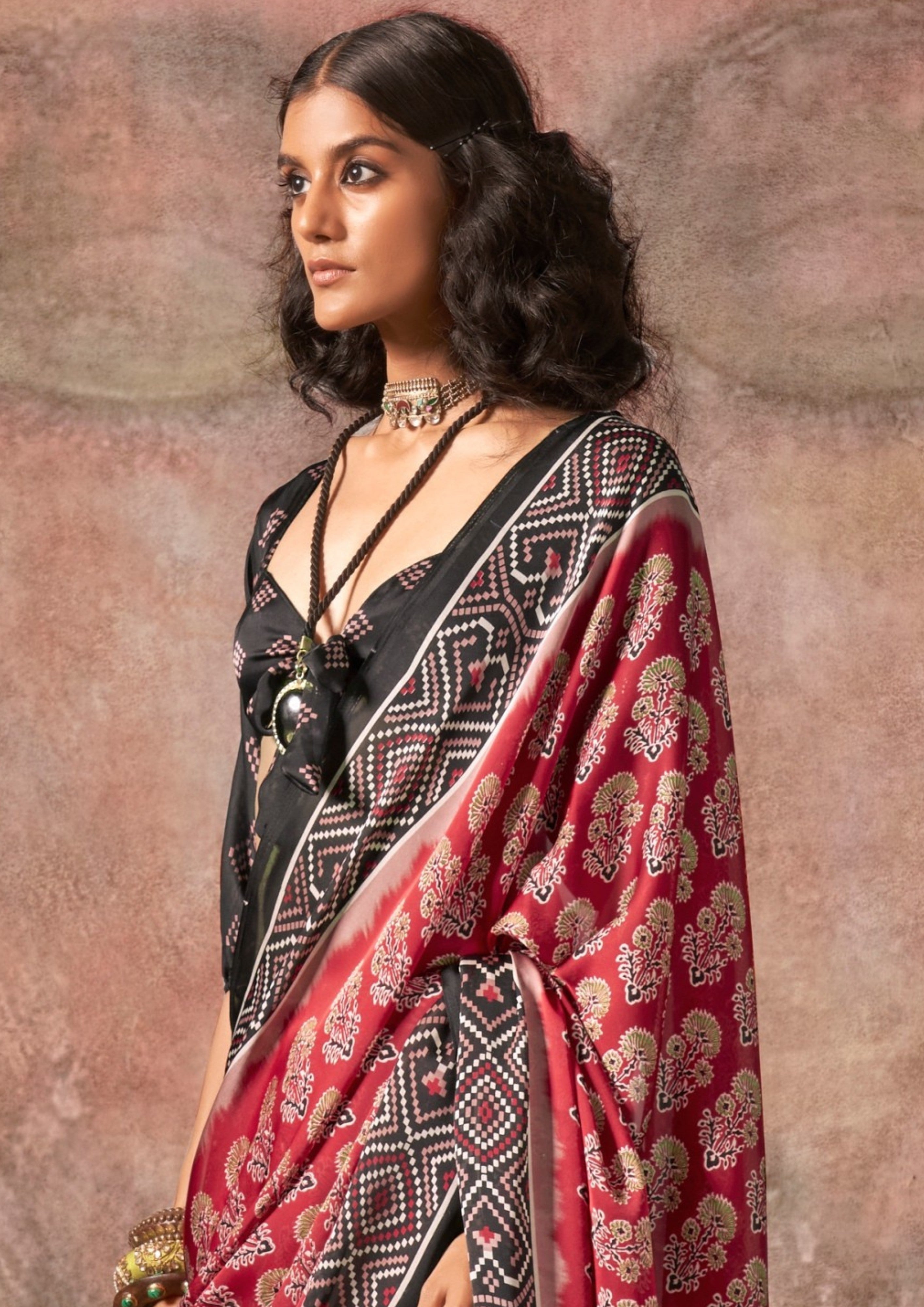 Buy MySilkLove Rich Maroon Ajrakh Printed Satin Georgette Silk Saree Online