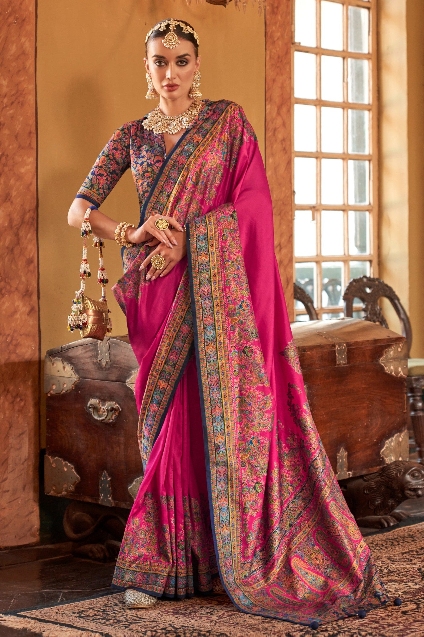 Buy MySilkLove Wild Berry Pink Printed Banarasi Saree Online