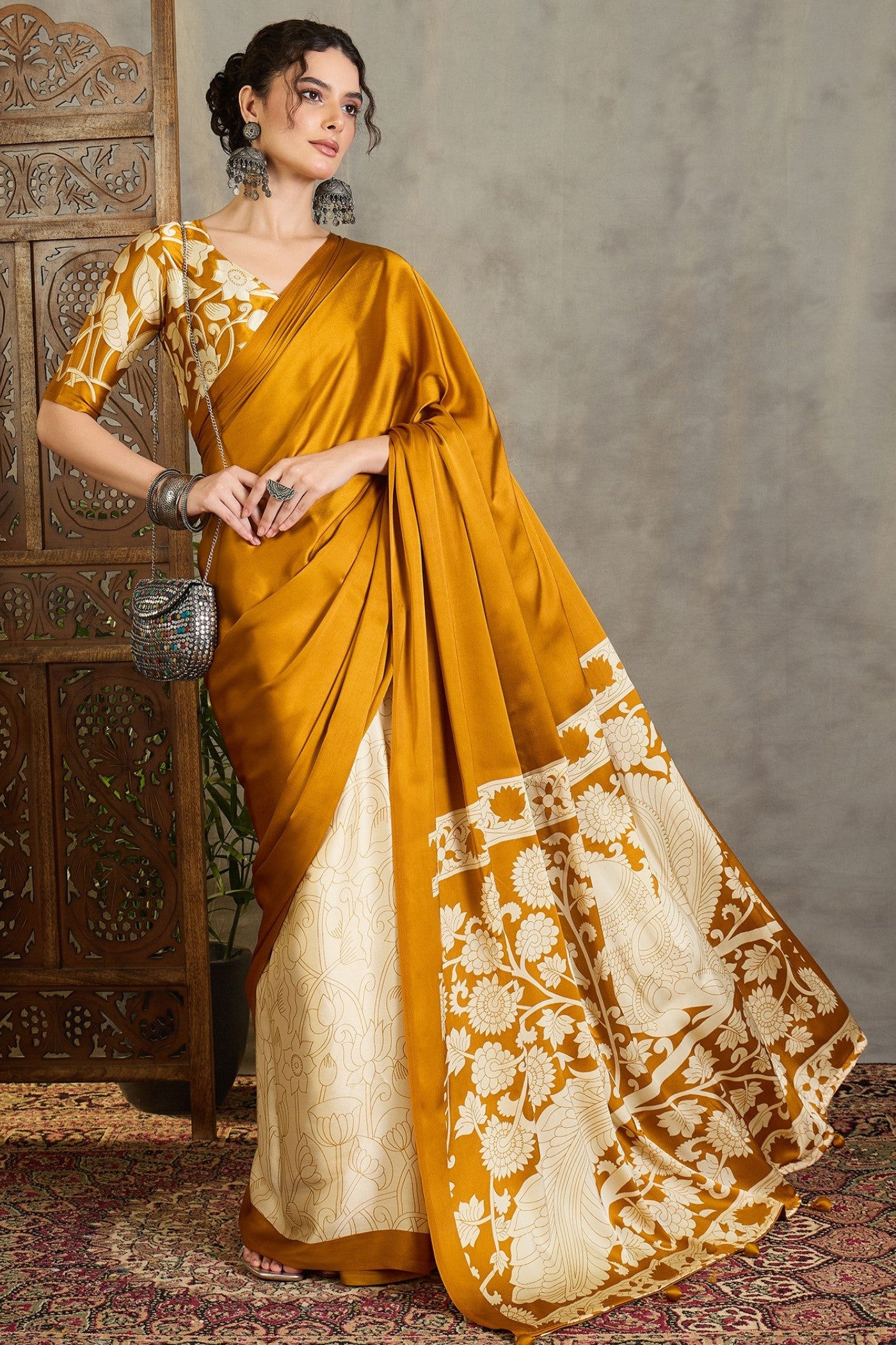 Buy MySilkLove Pineapple Yellow Kalamkari Printed Satin Silk Saree Online