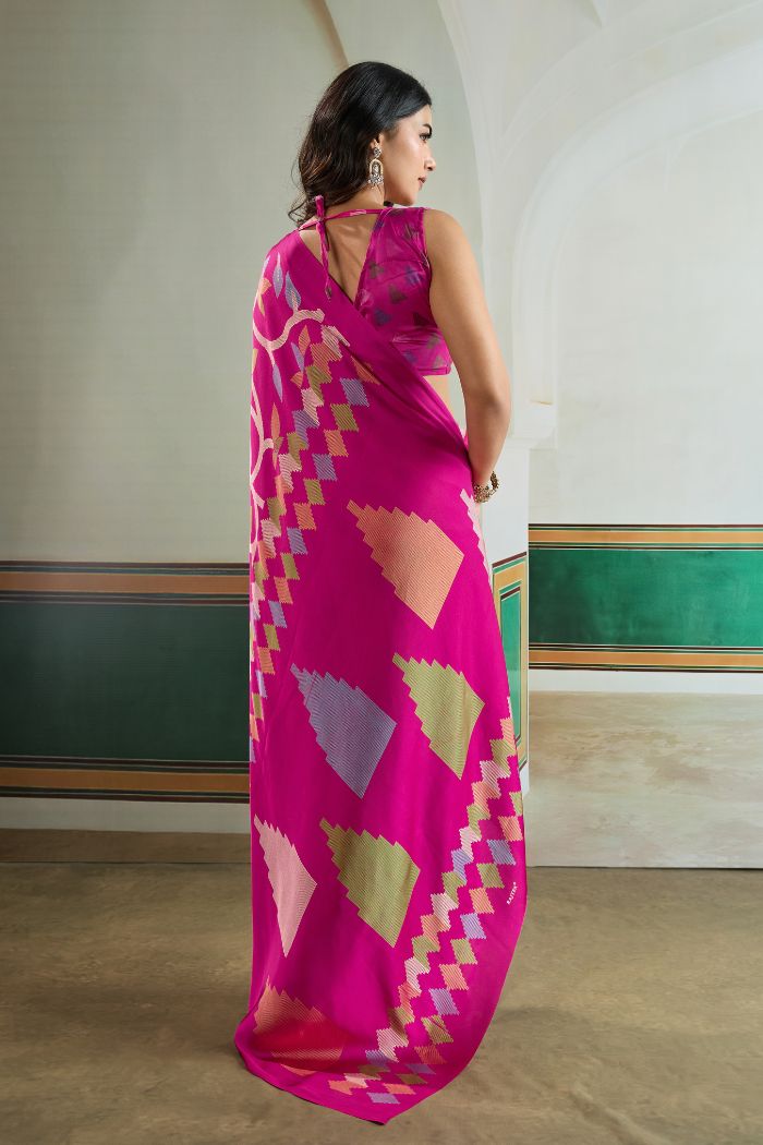 Buy MySilkLove Hibiscus Pink Modal Ajrakh Printed Satin Silk Saree Online