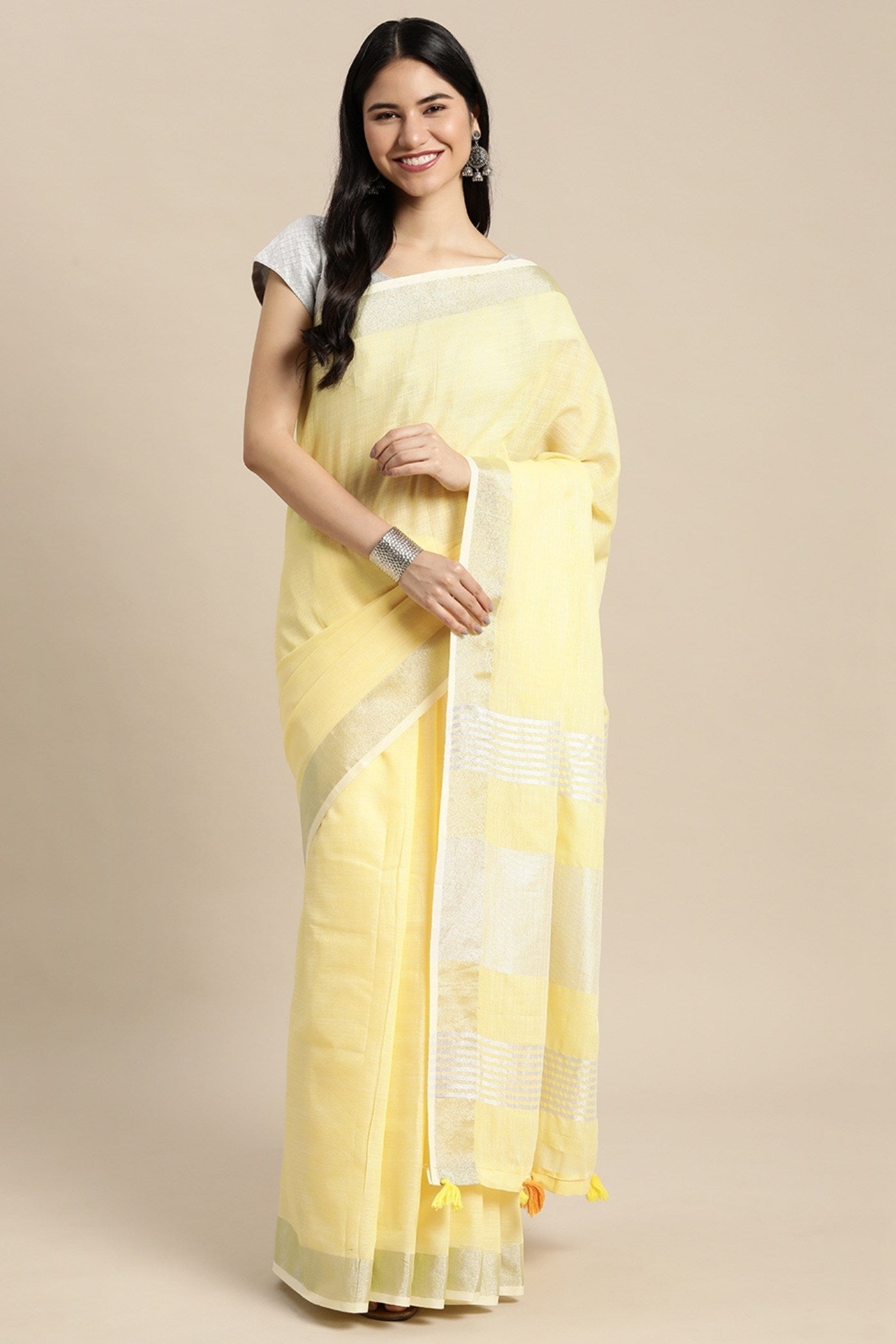 Buy MySilkLove Pastel Yellow Woven Linen Cotton Saree Online