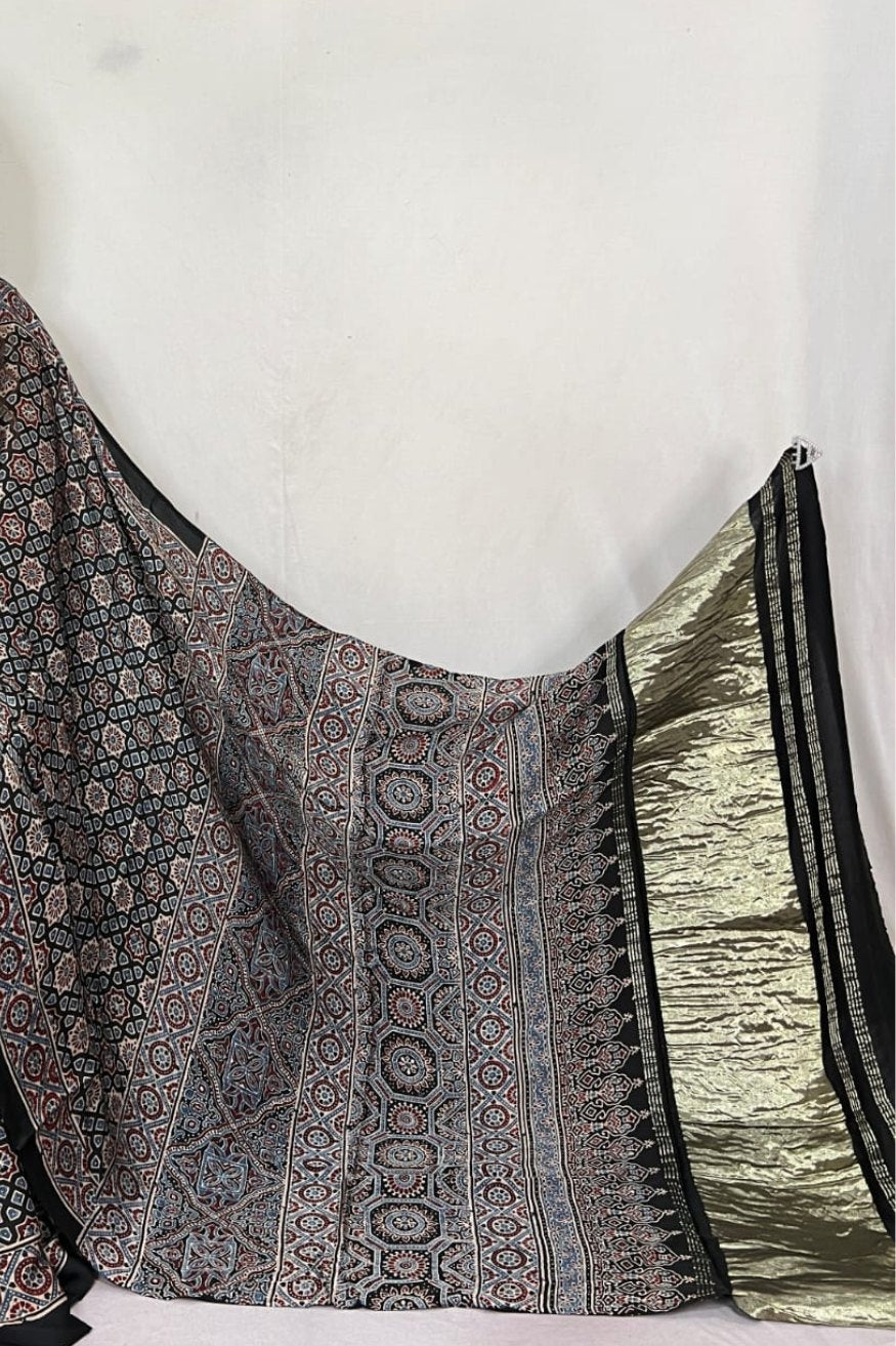 Buy MySilkLove Taupe Black Ajrakh Modal Handblock Printed Silk Saree Online