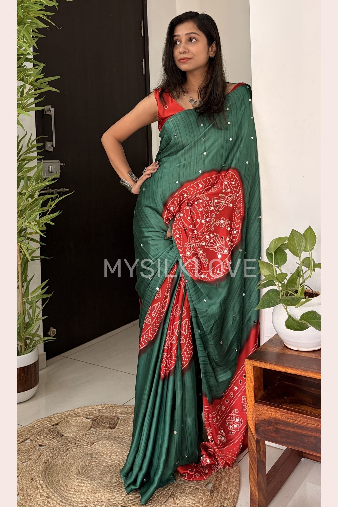 Buy MySilkLove Myrtle Green and Red Gaji Bandej Satin Soft Silk Saree Online
