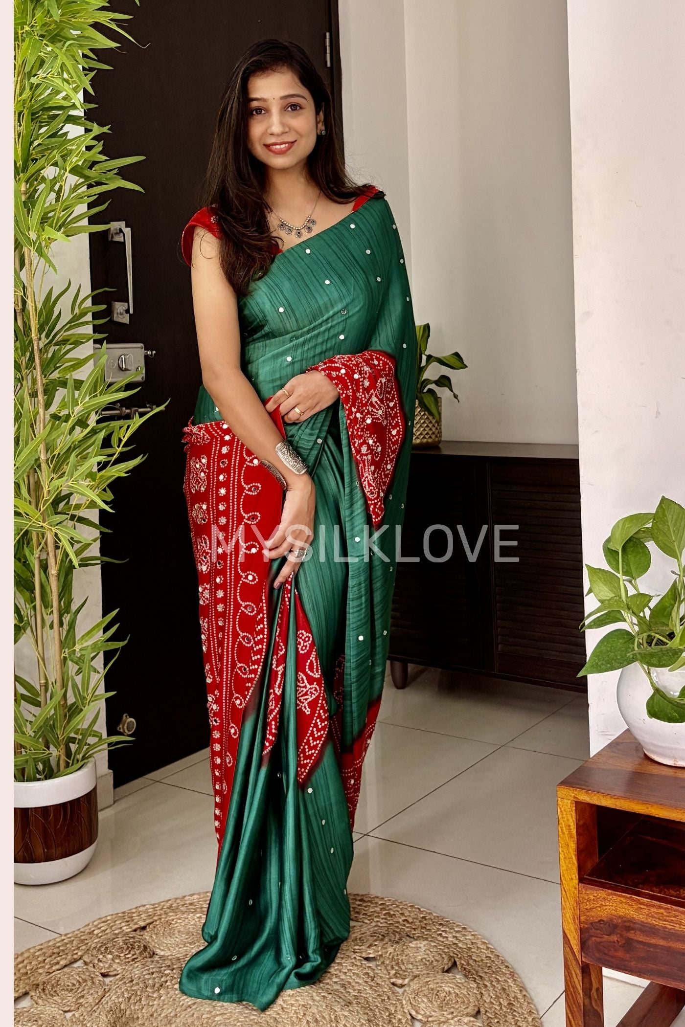 Buy MySilkLove Myrtle Green and Red Gaji Bandej Satin Soft Silk Saree Online