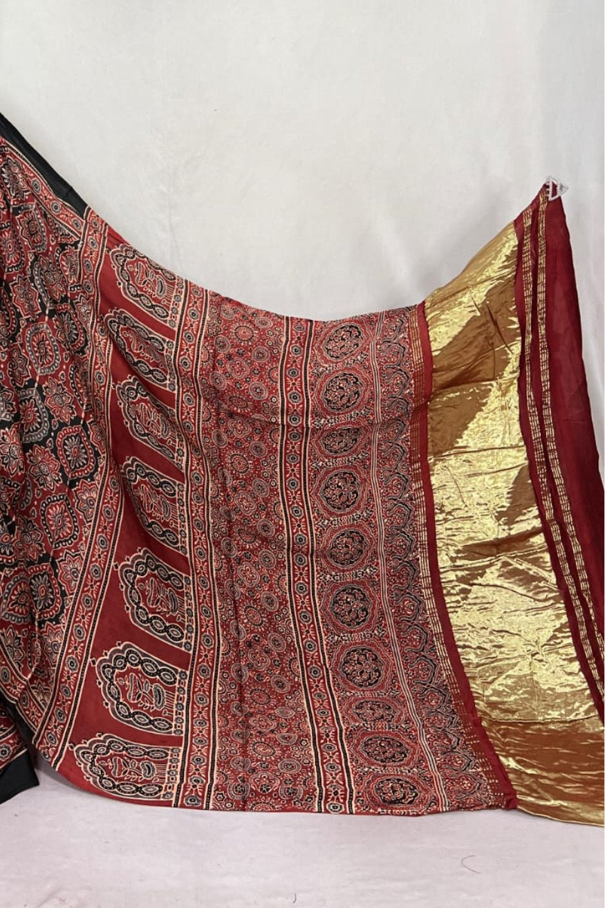 Buy MySilkLove Blast Off Bronze Brown Ajrakh Modal Handblock Printed Silk Saree Online