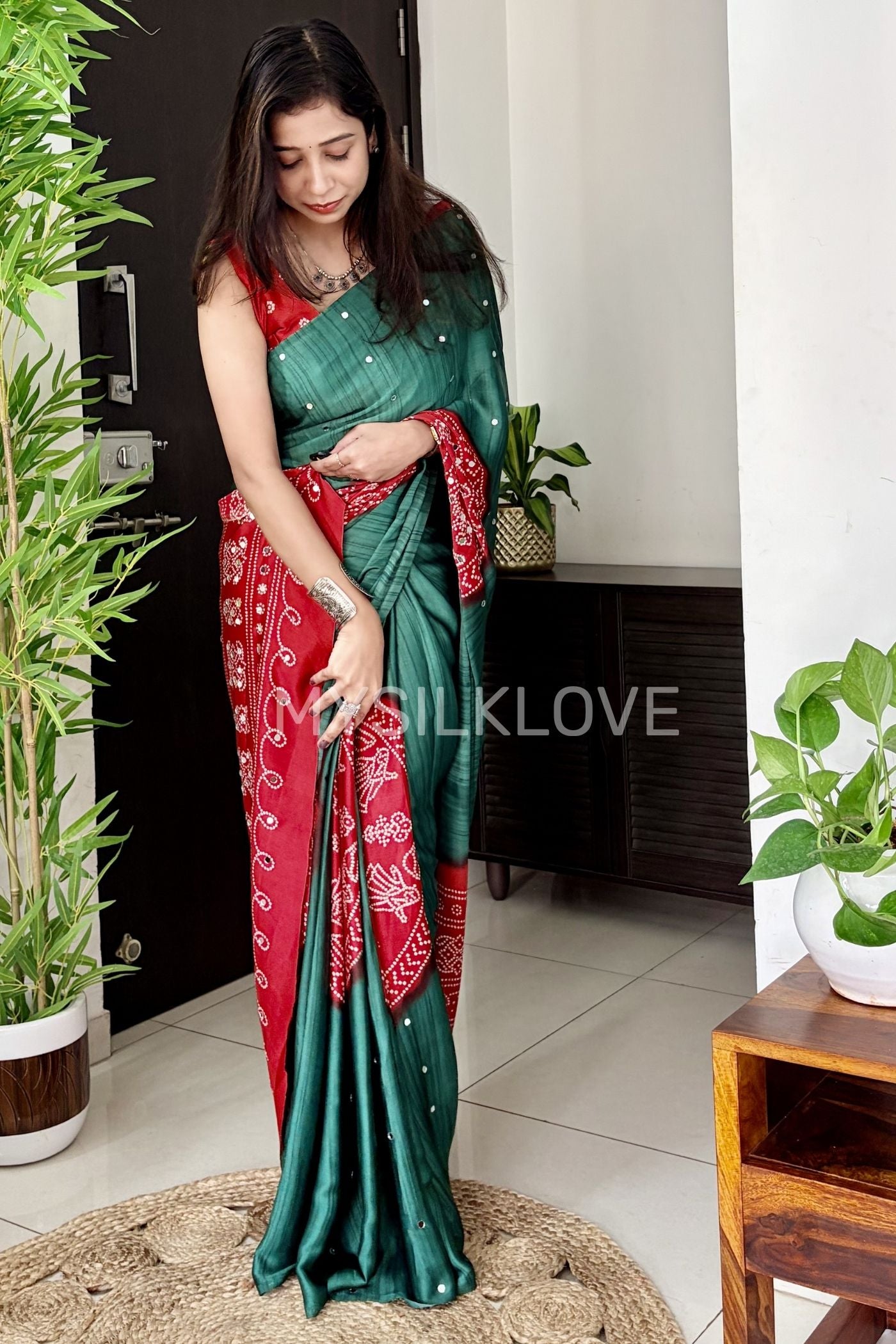 Buy MySilkLove Myrtle Green and Red Gaji Bandej Satin Soft Silk Saree Online