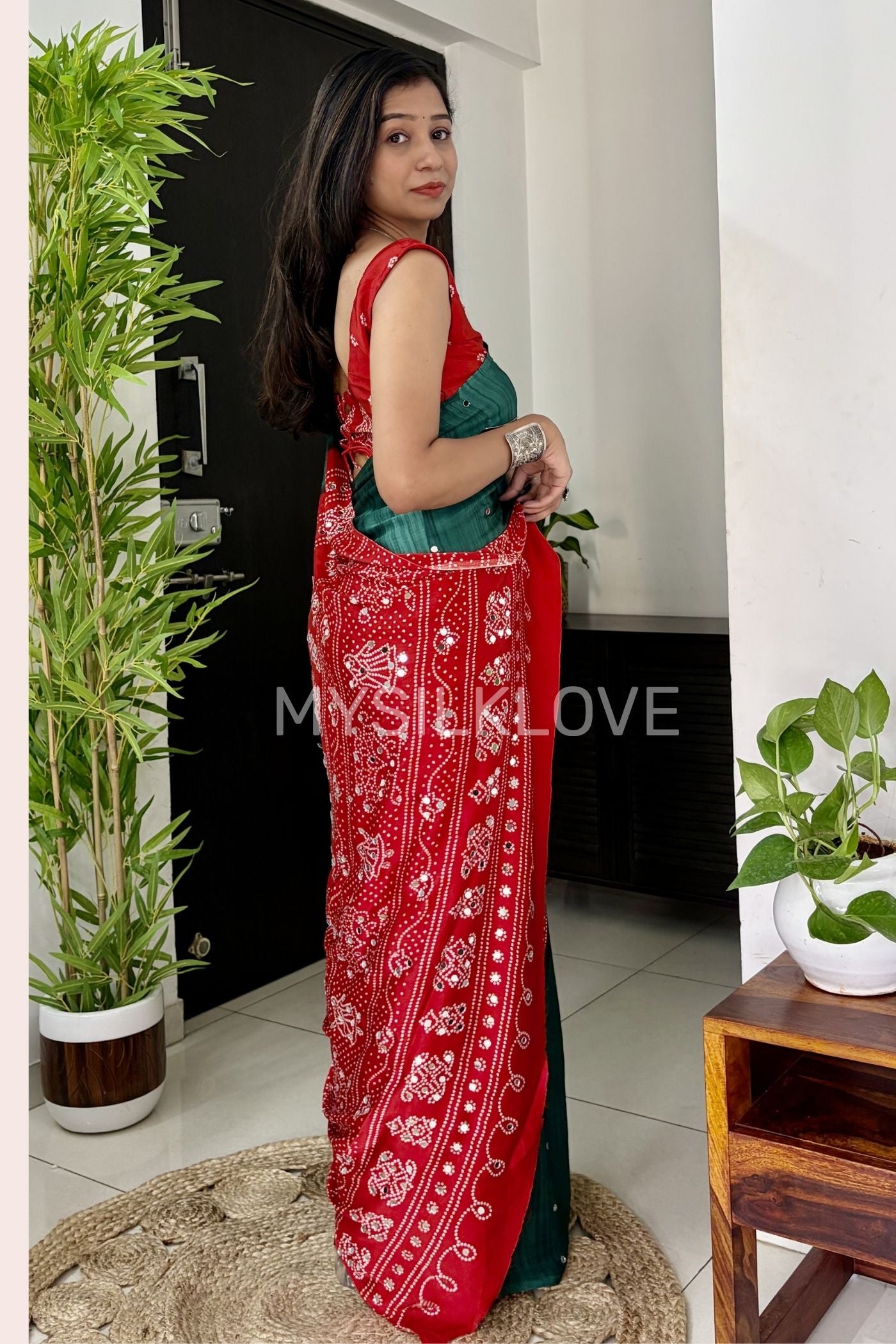 Buy MySilkLove Myrtle Green and Red Gaji Bandej Satin Soft Silk Saree Online
