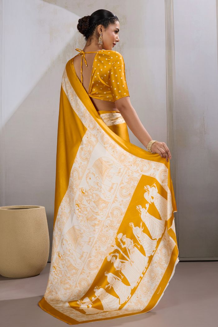 Buy MySilkLove Saffron Yellow Modal Ajrakh Printed Satin Silk Saree Online