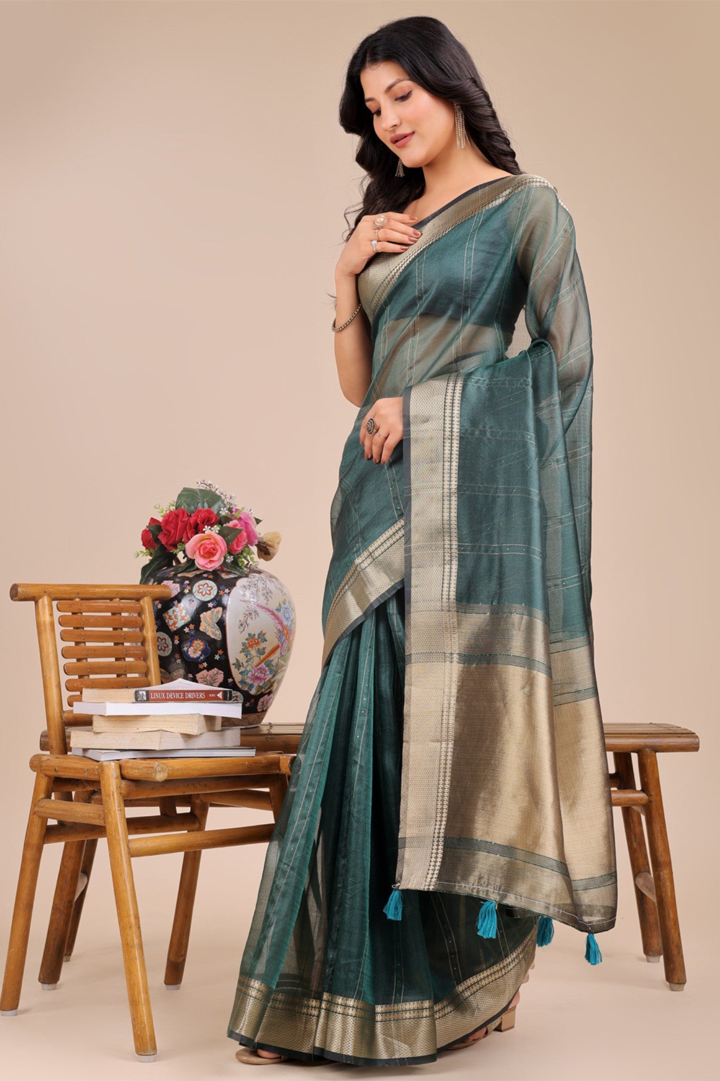 Buy MySilkLove Sea Green Woven Organza Saree Online