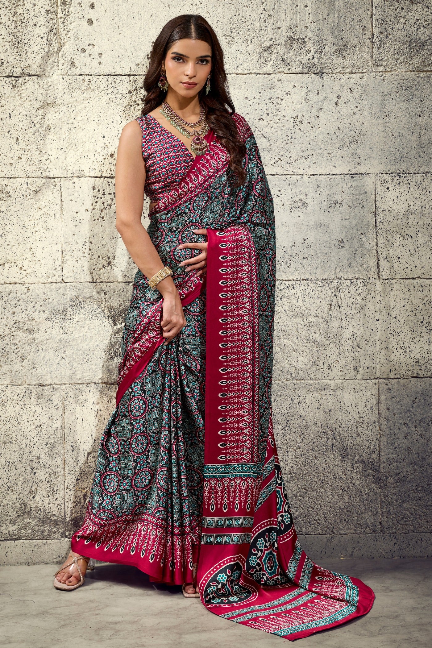 Buy MySilkLove Navy Blue and Maroon Modal Ajrakh Satin Printed Silk Saree Online